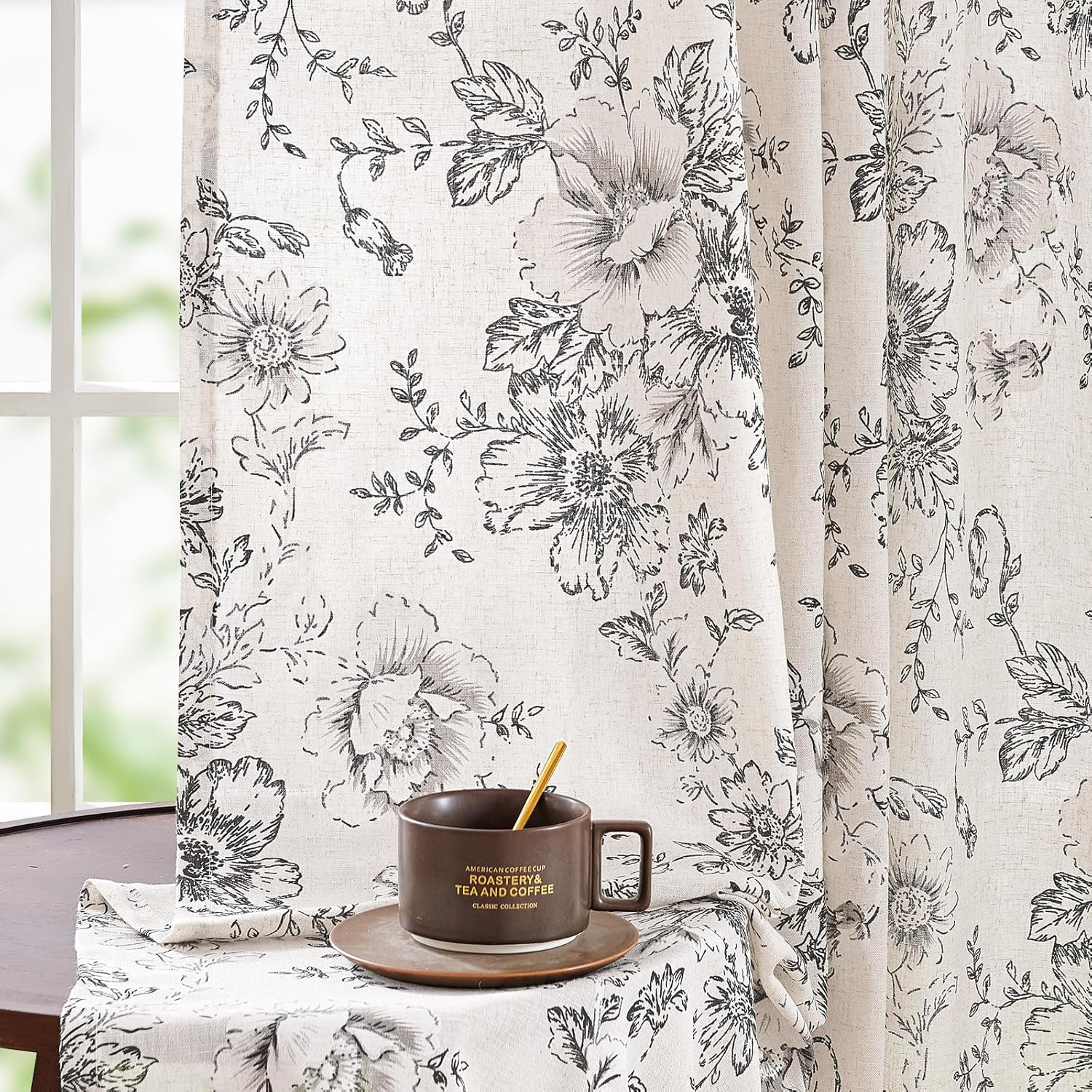 JINCHAN Linen Floral Curtains for Living Room Bedroom Black Printed Curtains Rod Pocket Back Tab Farmhouse Peony Flower Patterned Drapes Set of 2 Panels,Each W127Cm X D213Cm image number 6