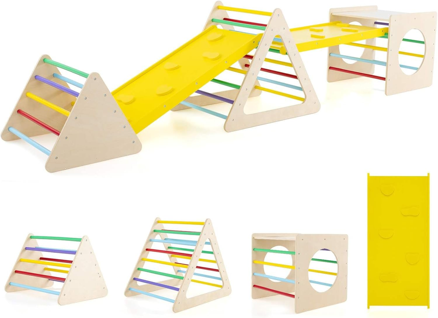 HONEY JOY 5 in 1 Triangle Climber with 2 Ramp, Wooden Climbing Toys for Toddlers, Multi-Combination Play Methods, Kids Montessori Play Gym Set Playground Climbing Ladder for Boys Girls image number 3