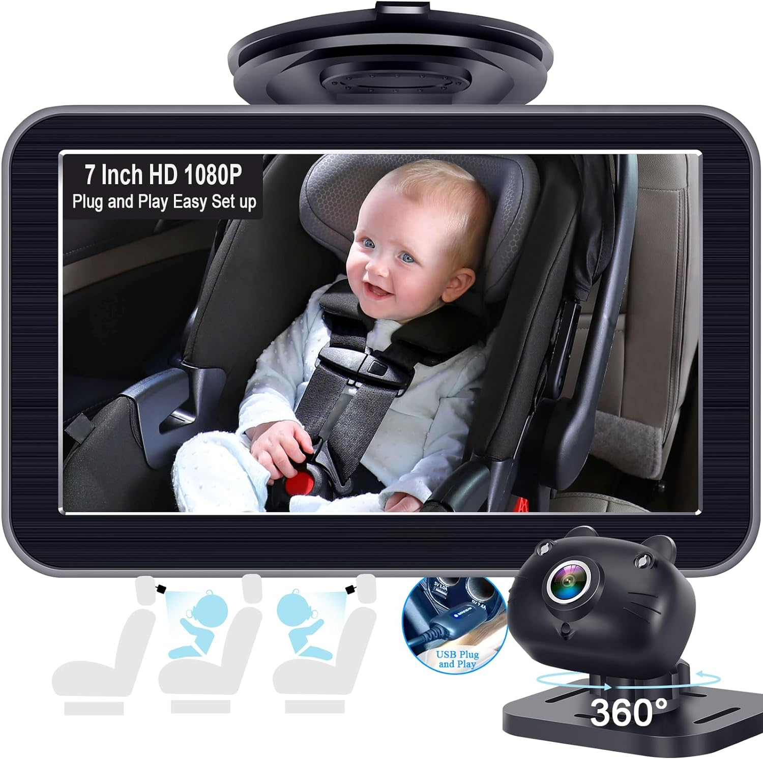 Dohonest Baby Car Camera 7-Inch: USB Plug and Play Easy Setup 360&deg; Rotating Backseat Dual Camera Two Kids HD 1080P Rear Facing Car Seat Camera Clear Night Vision -V9 image number 1