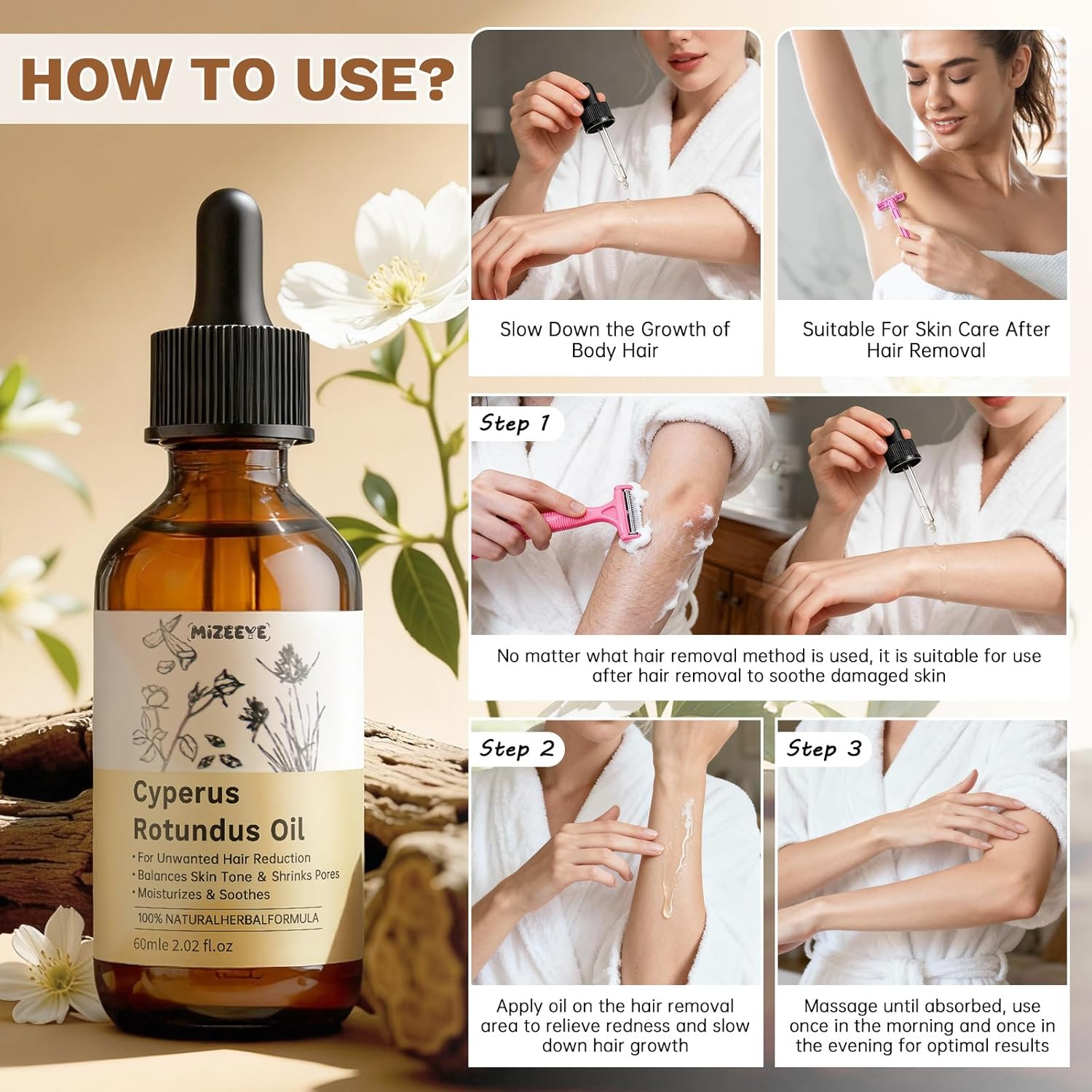 Cyperus Rotundus Hair Removal Oil with Sweet Almond & Rose Oil, Soothing & Moisturizing, Reducing Body Hair Growth, Soothe Redness, Shrink Pores, Suitable for All Skin Types, 60Ml image number 4