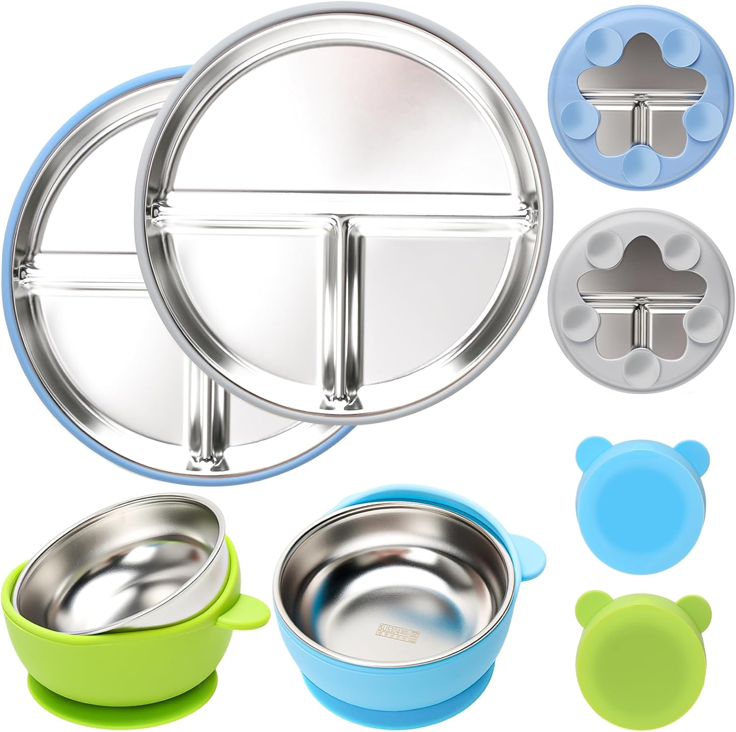 Baby Stainless Steel Feeding Set &ndash; 2 Star-Shaped Plates + 2 Bowls with Removable Silicone Sleeves | 100% Food-Grade 304 Steel | Dishwasher-Safe Tableware (Blue & Grey Plates, Blue & Green Bowls)
