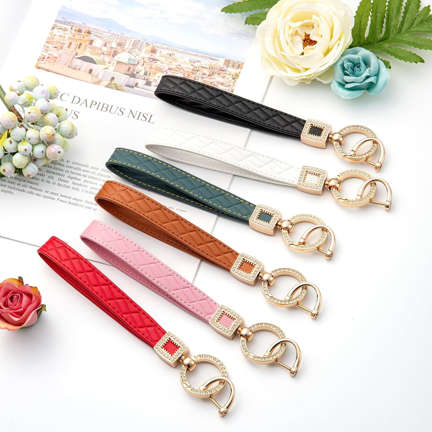 AOKSUNOVA Keychain Wristlet PU Leather Car Key Chain Holder Keychain Lanyard Wristlet Strap White - Brown image number 4