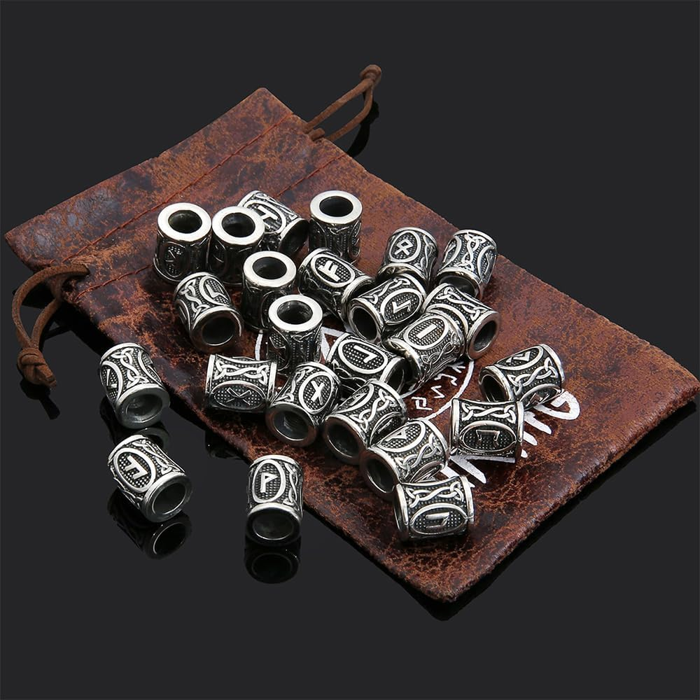 24 Piece Beard Beads Set Viking, Viking Rune Beard Beads with 6 Pull Hairpin Quick Beader and 200 Rubber Bands, Nordic Hair Tube Beads, Beard Jewellery Men for Bracelet Necklace DIY Pendant image number 1