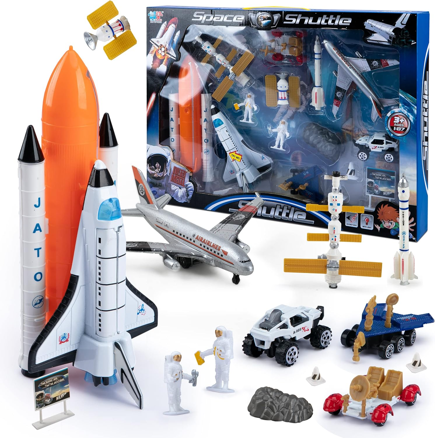 Smart Novelty Space Shuttle Toys, Interactive Toy Rocket Ship, 14 Pcs Space Shuttle Toy, Die-Cast Space Toys for Kids 3-5 with Lights, Rocket, Mini Astronauts, Airplanes & Vehicles