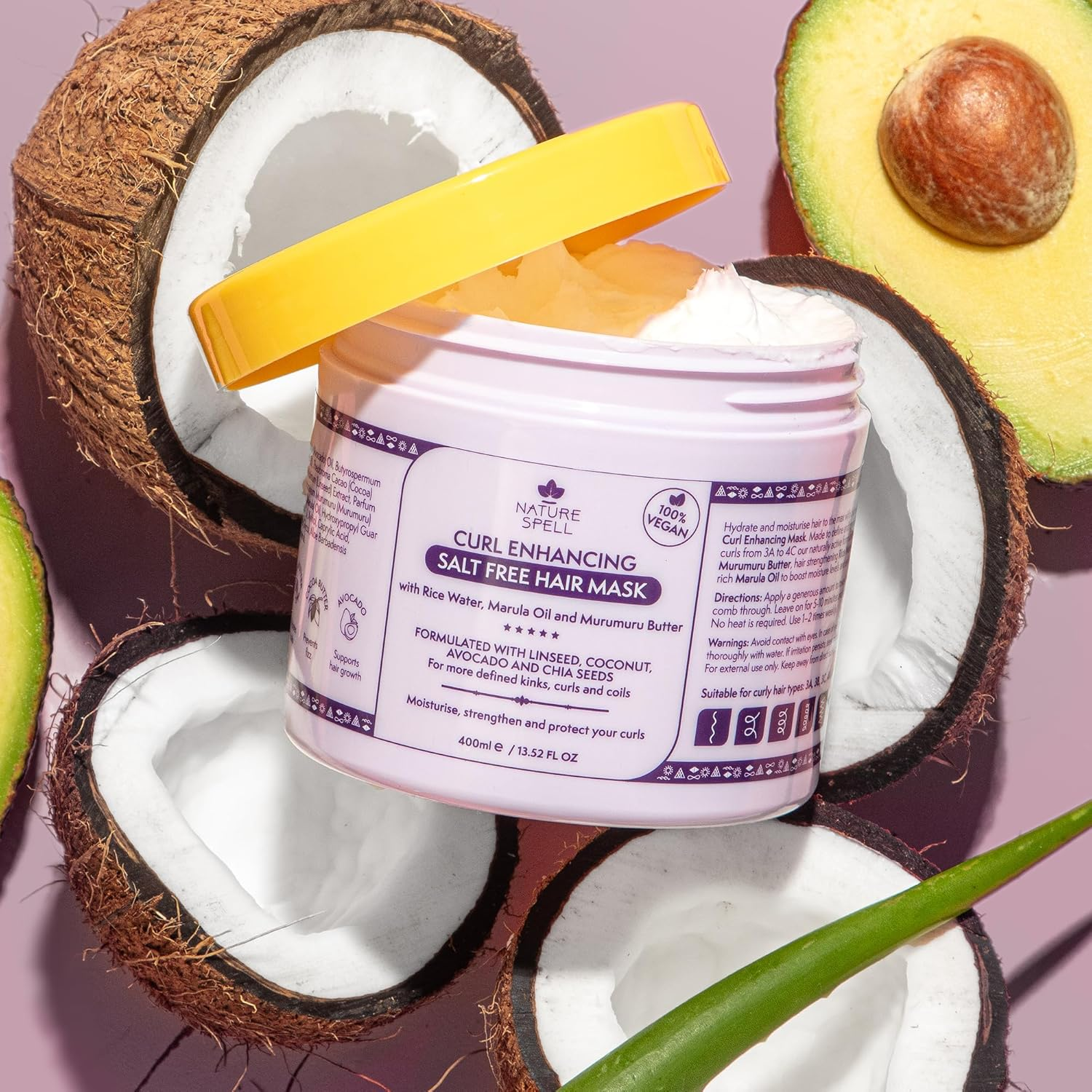 Nature Spell Curl Enhancing Hair Mask for Curly Hair by 400Ml &ndash; Infused with Rice Water & Linseed, for All Curl Types, Sulphate Free Hair Mask, 100% Vegan, Made in the UK, White image number 2