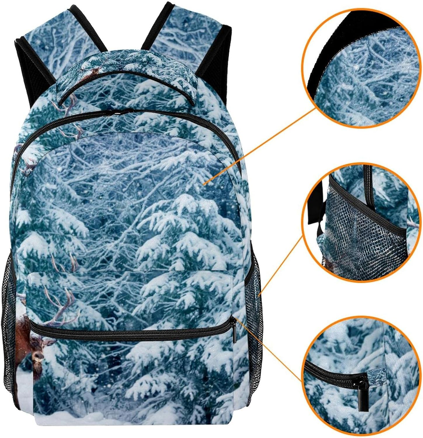 Deer Male with Big Horns in the Winter Snowy Forest Backpack Students Shoulder Bags Travel Bag College School Tote Backpacks image number 4