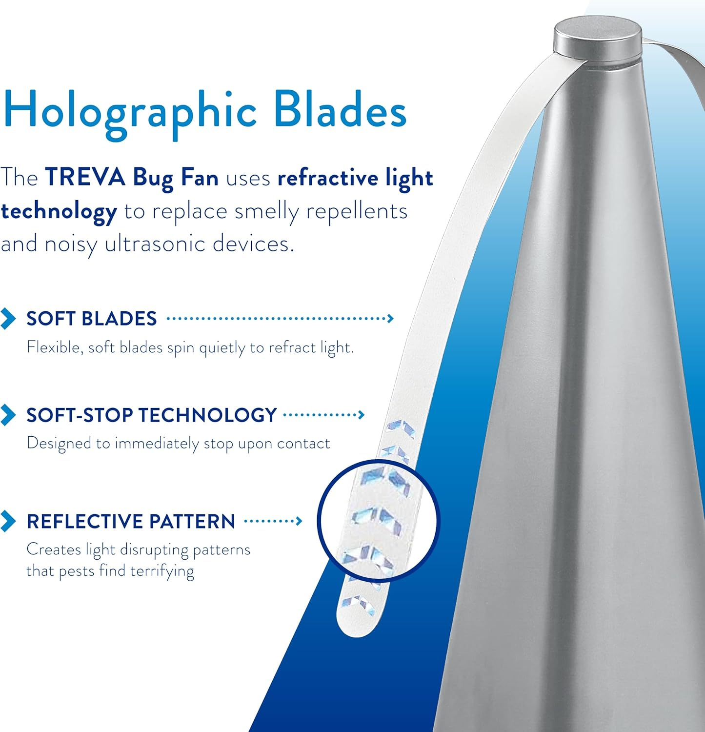 Treva Chemical Free Bug Fan, Fly Deterrent with Holographic Blades to Clear Bugs, Mosquitoes, and Flies, Battery Powered Fly Fan (2, Silver) image number 6