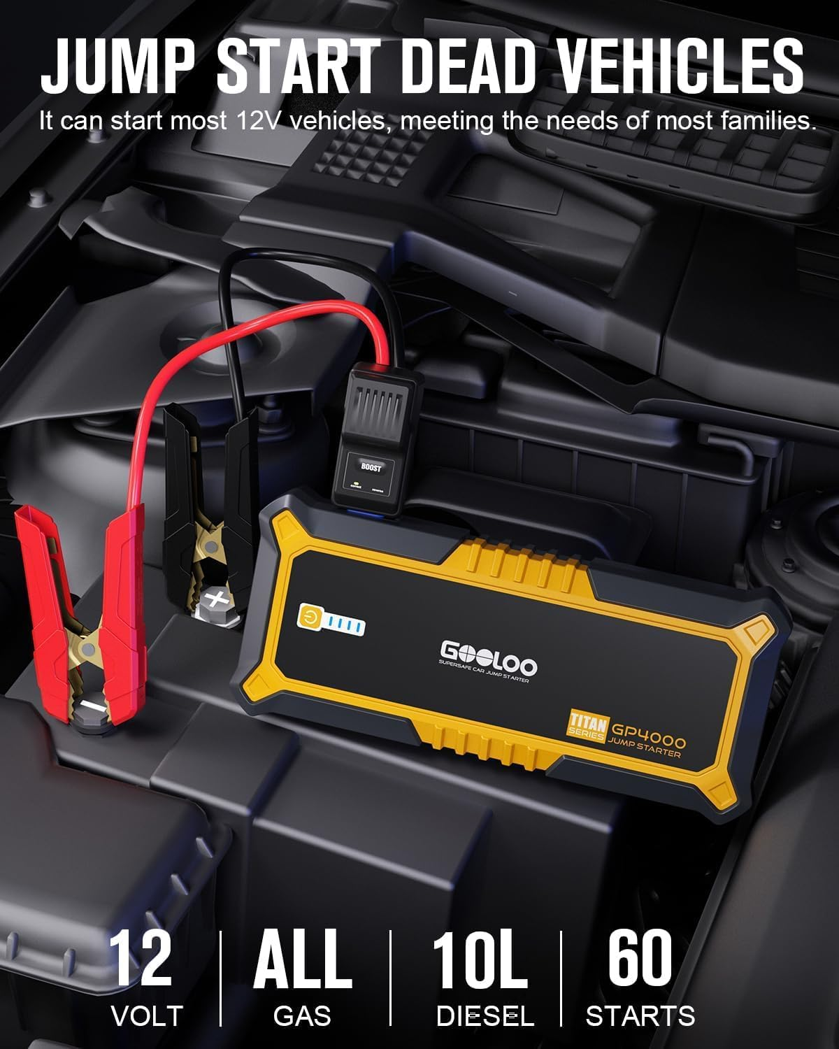 GP4000 Jump Starter 4000A Peak Car Starter (All Gas,Up to 10.0L Diesel Engine) Supersafe 12V Lithium Jump Box,Auto Battery Booster Pack,Portable Power Bank with USB Quick Charge and Type C Port image number 5