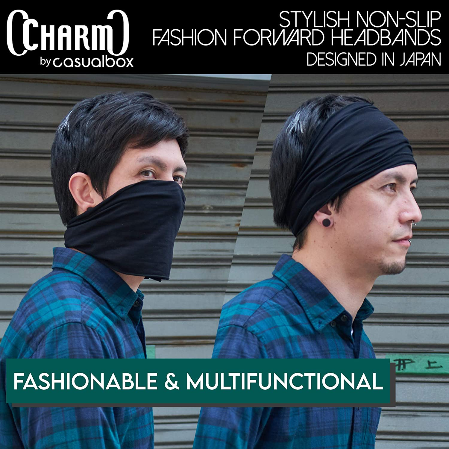 CHARM Mens Bandana Head Wrap - Womens Elastic Headband Japanese Long Hair Dreads - Black  Dark Gray 2-Pack image number 5