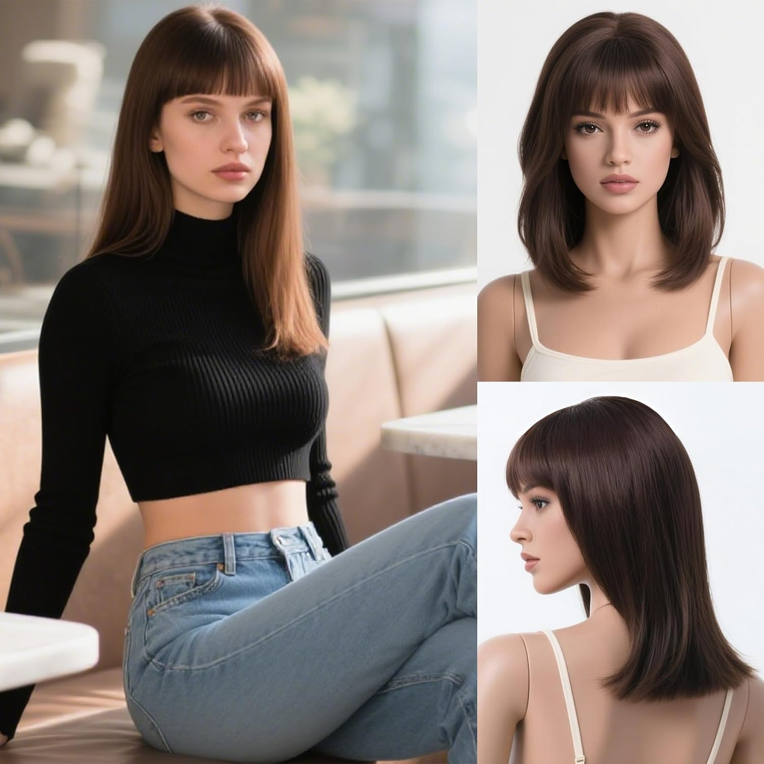 Xeelfaro Bright Purple Pink Natural Straight Bob Wig for Women Full Head with Gentle Fringe & Shoulder-Length Style, Silky Smooth Wig for Fashion Exhibitions Casual Meetups (Bright Purple Pink, 16Inch)