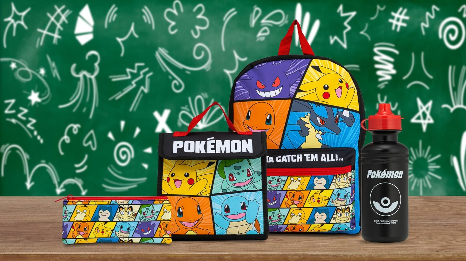 Pokemon Backpack 4 Piece School Set |Includes Lunch Box, Water Bottle, and Pencil Case | Adjustable Padded Shoulder Strap |Mesh Side Pocket | Back to School Bag Set