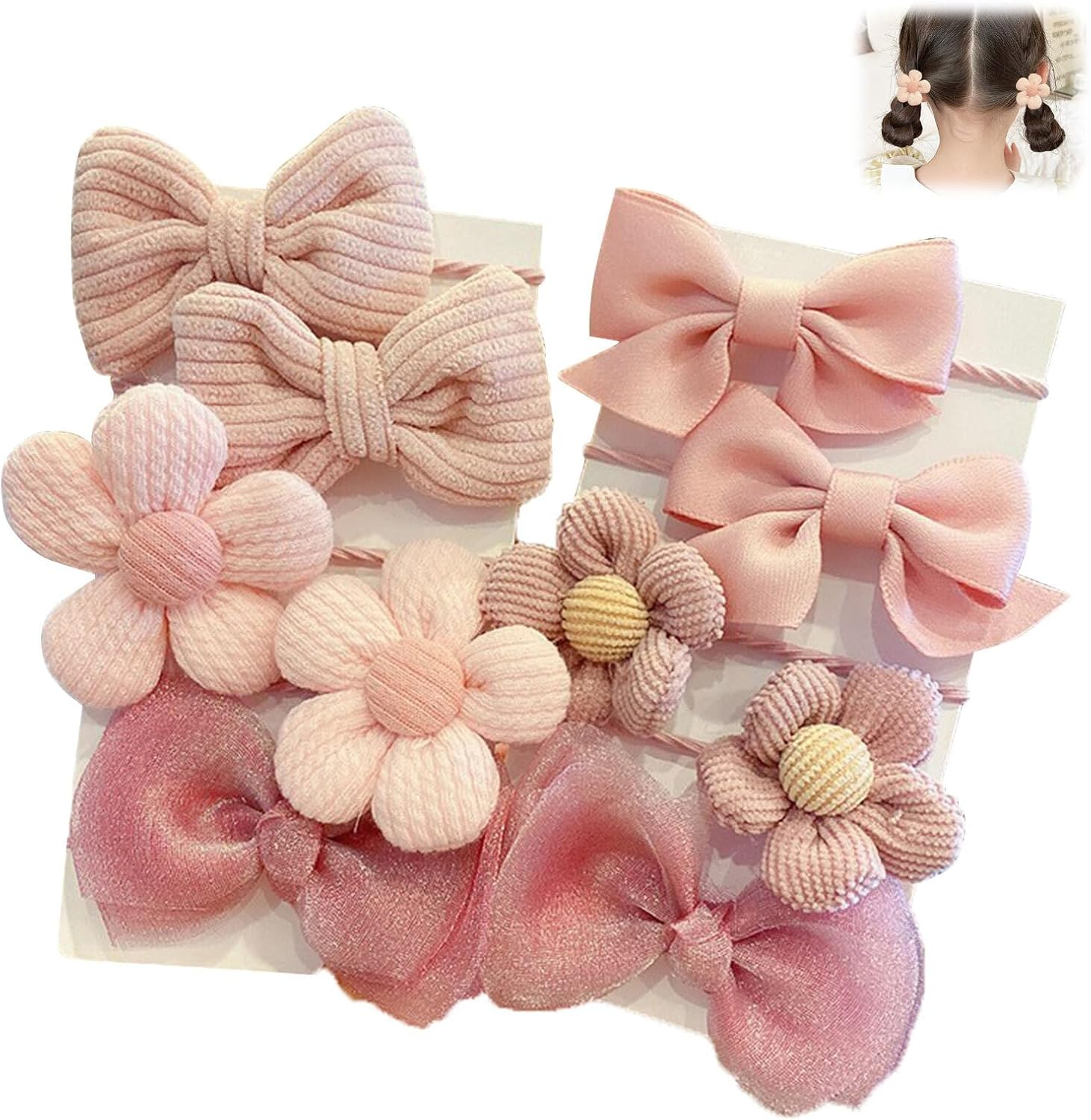 Azureray Pack of 10 Cute Hair Bobbles Girls Pink Bow Flower Design, Cute Baby Hair Scrunchies & Hair Accessories Children'S Set