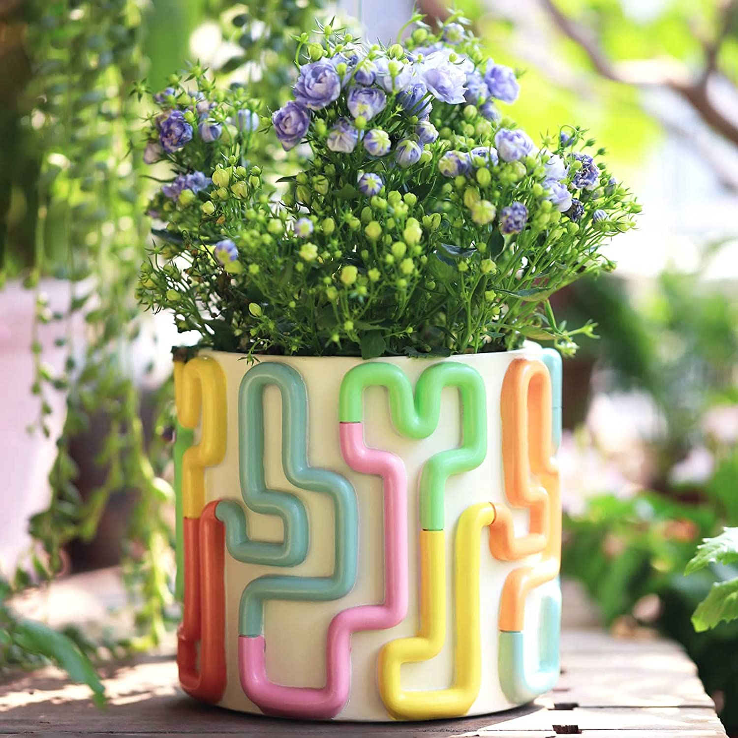 GUGUGO Colorful Squiggle Lines Planters Cute Unique Rainbow Planter with Drainage, Vintage Retro Flower Plant Pots for Indoor & Outdoor Plants, Eclectic Succulent Gardening Pot for Boho Modern D&eacute;cor image number 3
