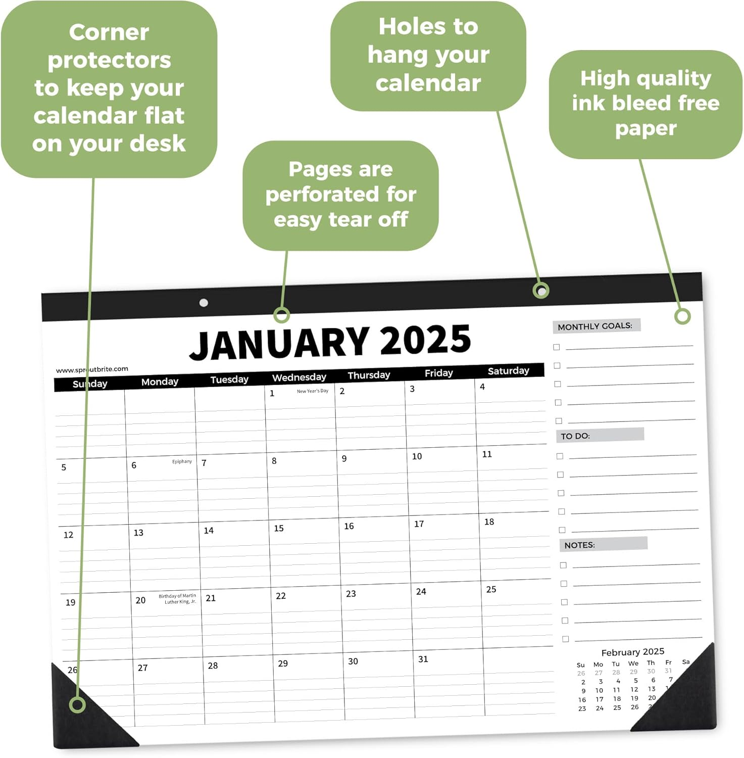Sproutbrite 18 Month Desk Calendar 2025-2026, 17" X 11.5" Desktop Monthly Planner with To-Do List and Notes, Home, Office School Desk Calendar (1 PACK) image number 5