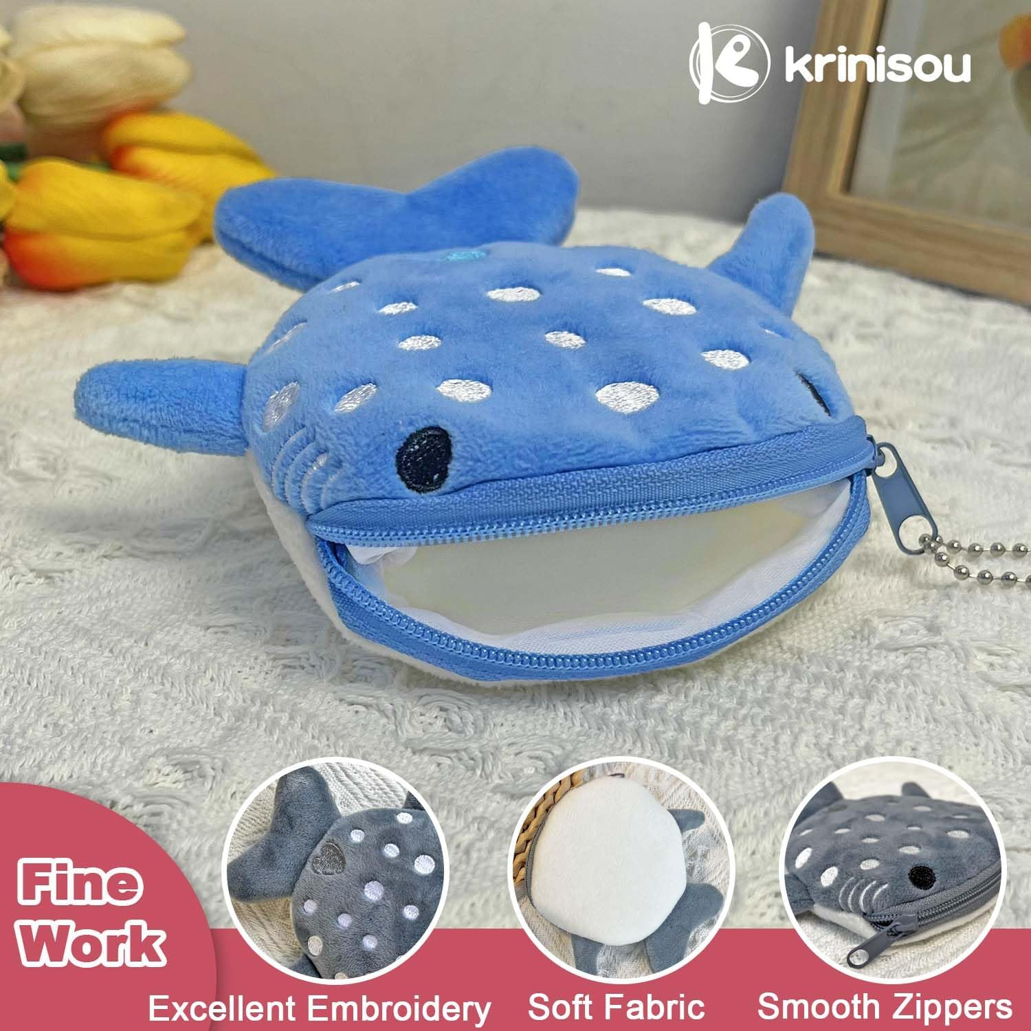 Krinisou Cute Whale Shark Coin Purse Pouch, Small Kawaii Funny Animal Plush Change Purse with Zipper for Kids Girls, 2 Whale Sharks, Cartoon image number 6