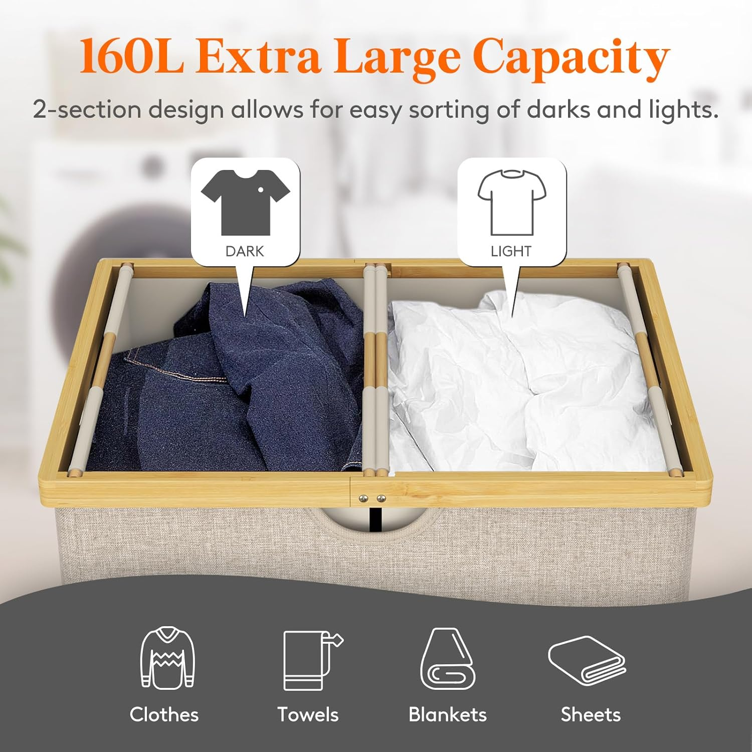 Lifewit 160L Double Laundry Hamper with Lid, Extra Large Bamboo Laundry Basket Dirty Clothes Hamper, 2 Section Laundry Bin Organizer for Laundry Room Bedroom with 2 Removable Liners & Bags, Beige image number 3