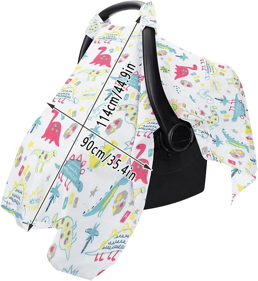 AIMALL 2-Pack Baby Muslin Cotton Push Car Seat Cover, Breathable Windproof Dustproof Infant Carriage Cover with Cartoon Prints, 44.9In X 35.4In, Universal Fit for Baby Carriers image number 4
