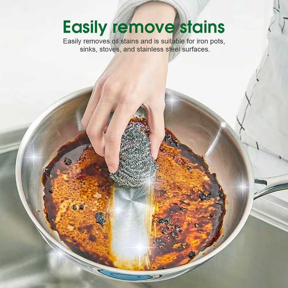 Cook Easy 6PCS Stainless Steel Scrubbers, Steel Wool Scourers Scouring Pads Metal Sponges, Easy Scouring Grease Dirt Oil Rust for Dishes,Pans,Pots,Ovens,Grills,Sinks (1Pack-6Pcs, 6CM Diameter) image number 4