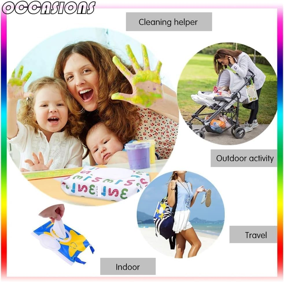 Portable Pouch Bags Set, 2 Pack Wet Wipe Holder Container, Reusable and Refillable Personal Travel Wet Wipes Dispenser Cases (Multiple Colors, 24 * 13.5CM)