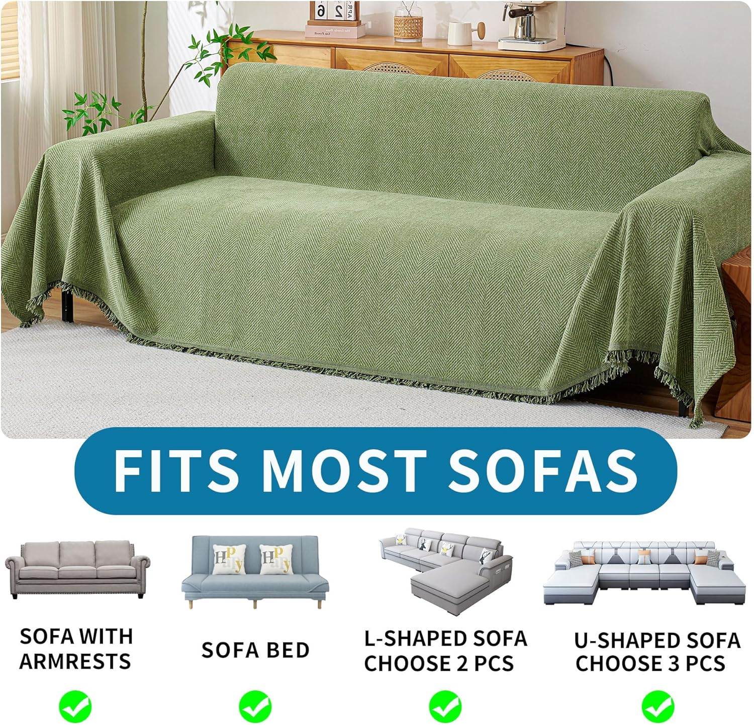 HAOMAIJIA Chenille Couch Cover Sofa Covers for 3 Cushion Couch Washable Sectional Couch Covers for Dogs Pet Furniture Protector Couch Cover Blanket for Living Room (Sage Green, 91"X118")