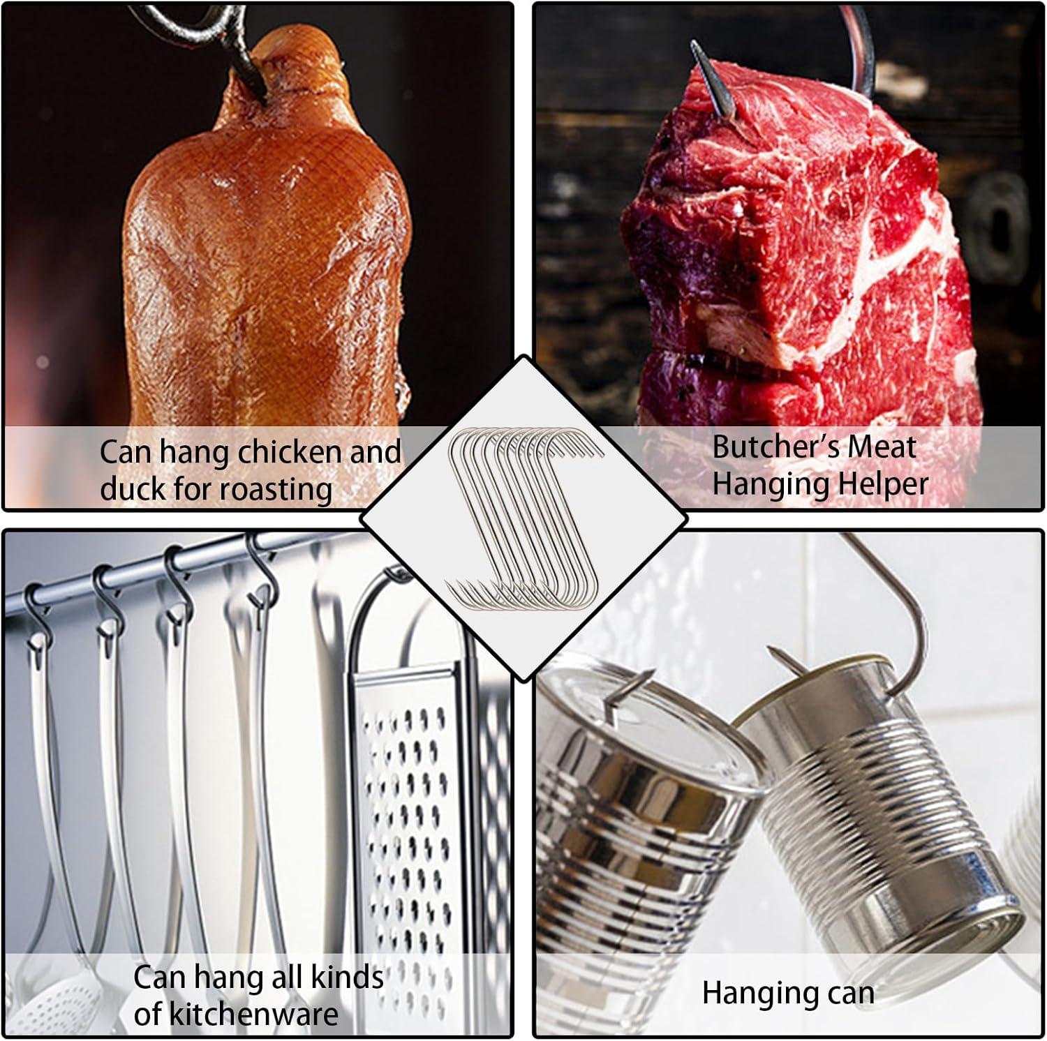 INCAUCA 10 Pieces Meat Hook, 17.5Cm 4Mm Meat Hooks for Butchering Hanging Smoker Grilling, Stainless Steel S Shaped Hooks, Butcher Hook for Meat Processing Beef Chicken Bacon BBQ image number 1