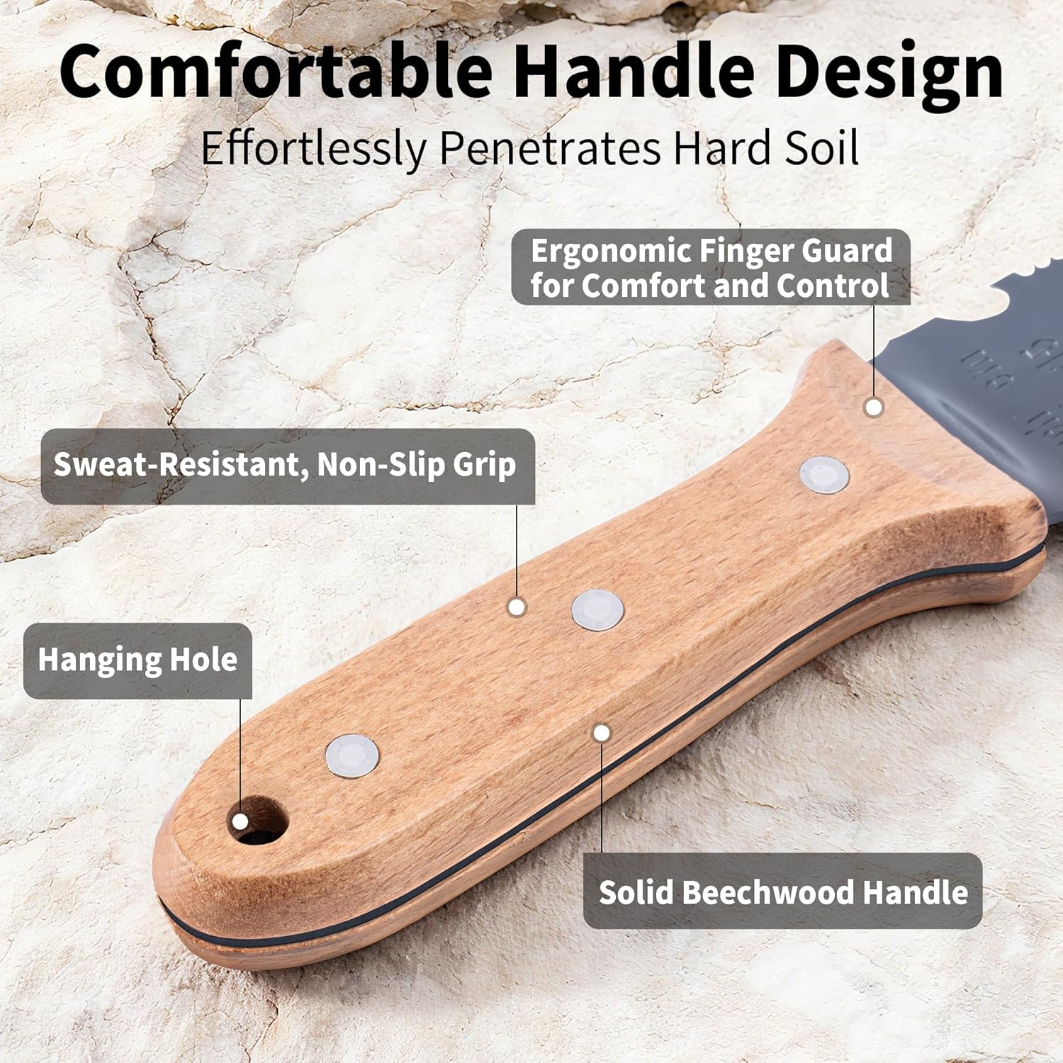 WILLKOMMEN Hori Hori Garden Knife- Garden Tools with Oxford Cloth Sheath, 7" Stainless Steel Blade,Full Tang Beechwood Handle, Ideal for Transplanting, Division, Weeding & Root Care (Forked Tip) image number 2