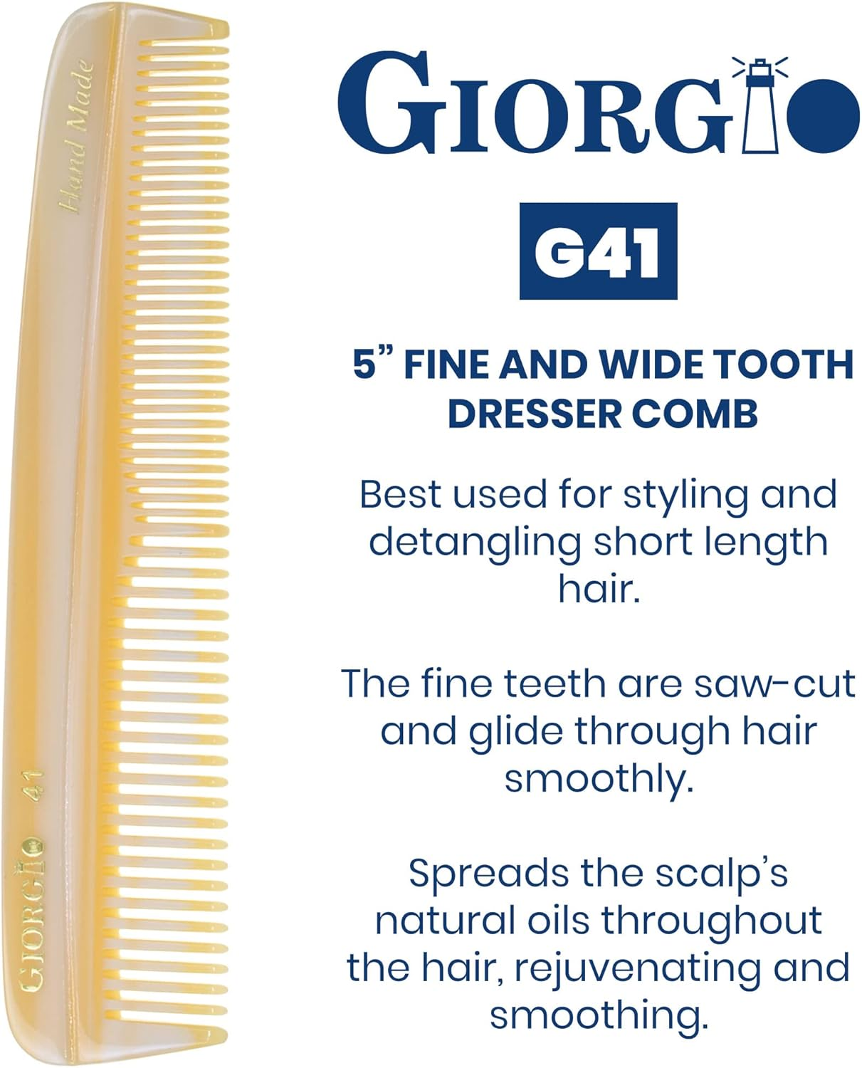 Giorgio G41 (5"/130Mm) Coarse/Fine Teeth Flexible Men'S Hair, Beard & Mustache Pocket Comb - Hand-Made of Quality Durable Cellulose, Saw-Cut and Hand Polished (1-Pack, Imitation Horn)