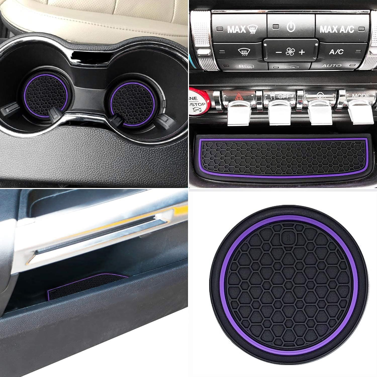 Auprite Non-Slip Mats for Mustang Accessories 2015-2023, Custom Fits Cup Holder Liners Mats Door Pocket Center Console Liners,5Pcs (Purple)