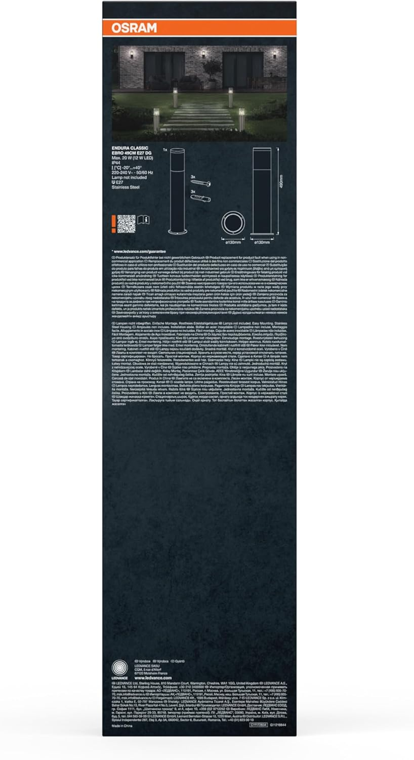 OSRAM Endura Classic Ebro Outdoor Light, Wall Light, Dark Grey, 49 Cm, Stainless Steel, Easy & Quick Installation, IP44 Protection Class, Stainless Steel Housing image number 3