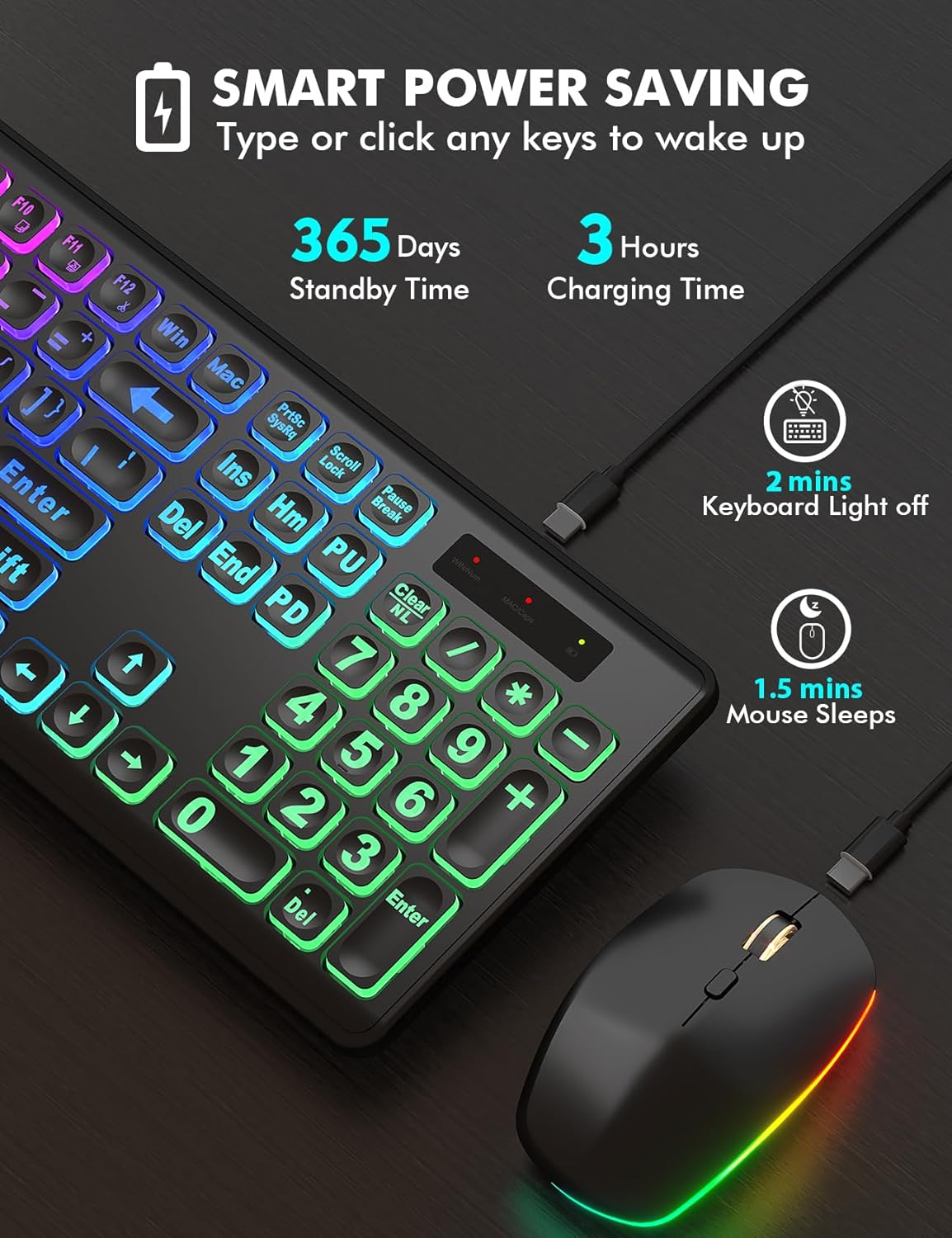 Wireless Keyboard and Mouse Combo - Large Print, RGB Backlit, Oversize Light up Letters, Rechargeable, Ergonomic Tilt Leg, Sleep Mode, 2.4Ghz Quiet Keyboard Mouse for Mac, Windows, Laptop, PC, Trueque - Mint Green image number 6