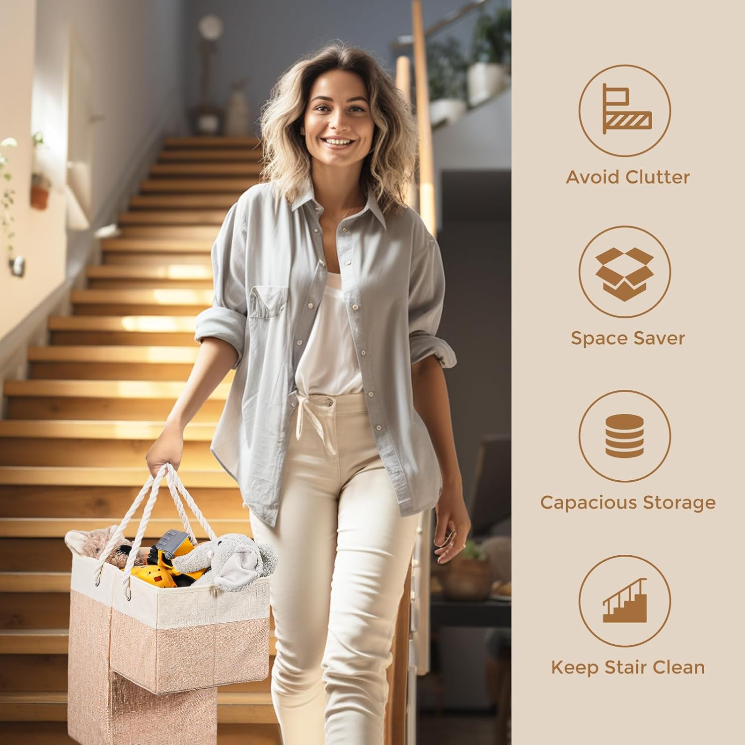 Puricon 2 Pack Stair Basket for Wooden Stairs, Stair Flax Step Storage Basket with Rope Handles Foldable Durable Staircase Storage Organizer for Home Carpeted Stairs -Apricot image number 2