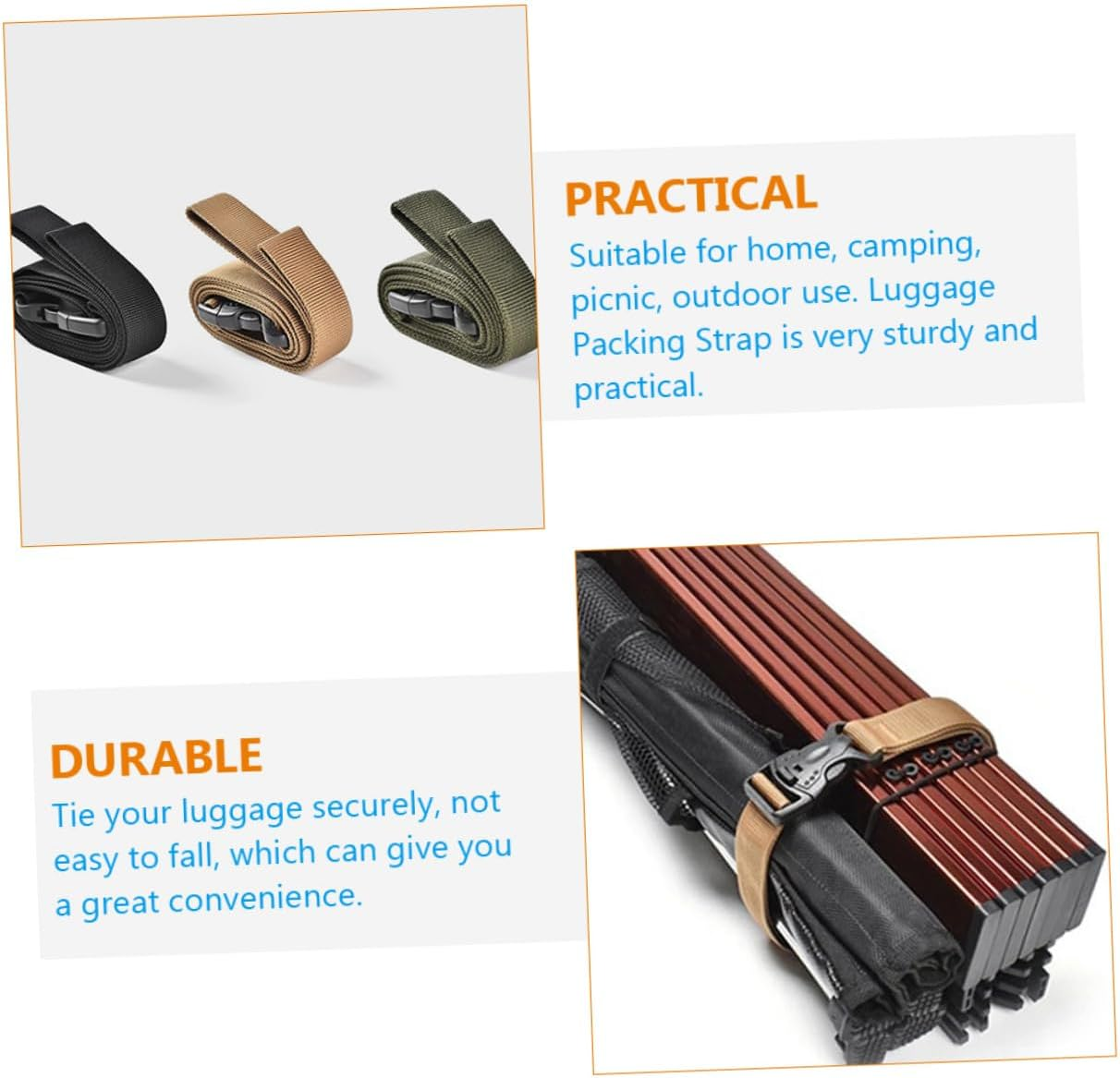 KOMBIUDA 3Pcs Buckle Strap Ratchet Tie down Straps Luggage Bind Strap Buckle Design Canopy Storage Tie Picnic Mat Travel Storage Nylon Cam image number 5