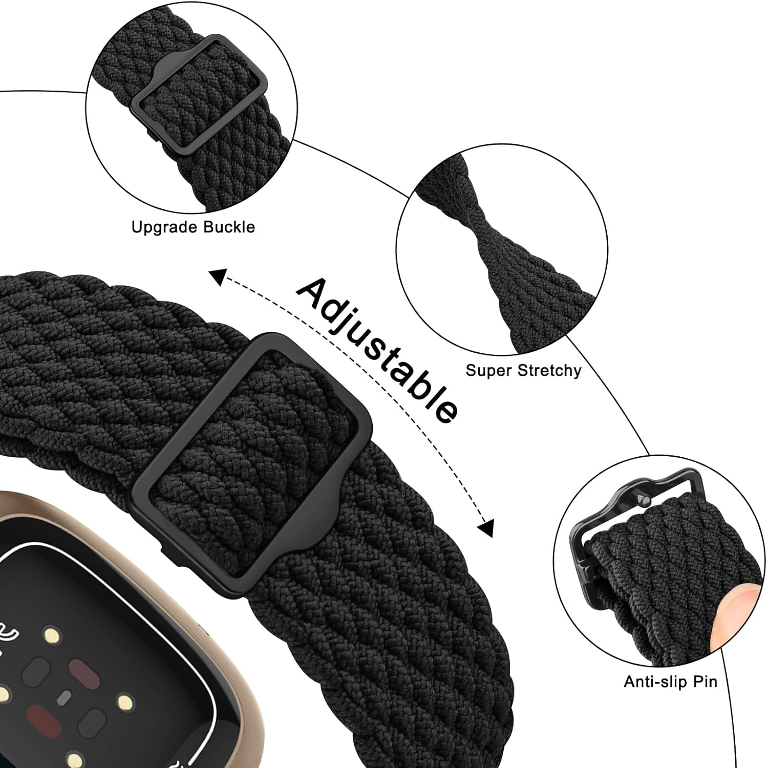 Elastic Solo Loop Bands for Fitbit Versa 4 Bands&Fitbit Versa 3 Bands, Fitbit Sense 2 Bands&Fitbit Sense Bands Women/Men, Adjustable Stretchy Braided Sport Replacement Sport Straps image number 4