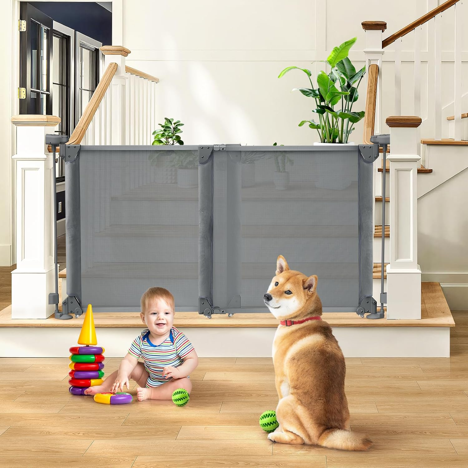 Foldable Baby Gate, Adjustable Baby Gates for Doorways, Dog Gate Adjustable Width 80 to 140Cm, 75Cm Tall Pet Gate One Handed Operation, Mesh Safety Gate for Stairs/Hallways/Outdoor/Indoor image number 2