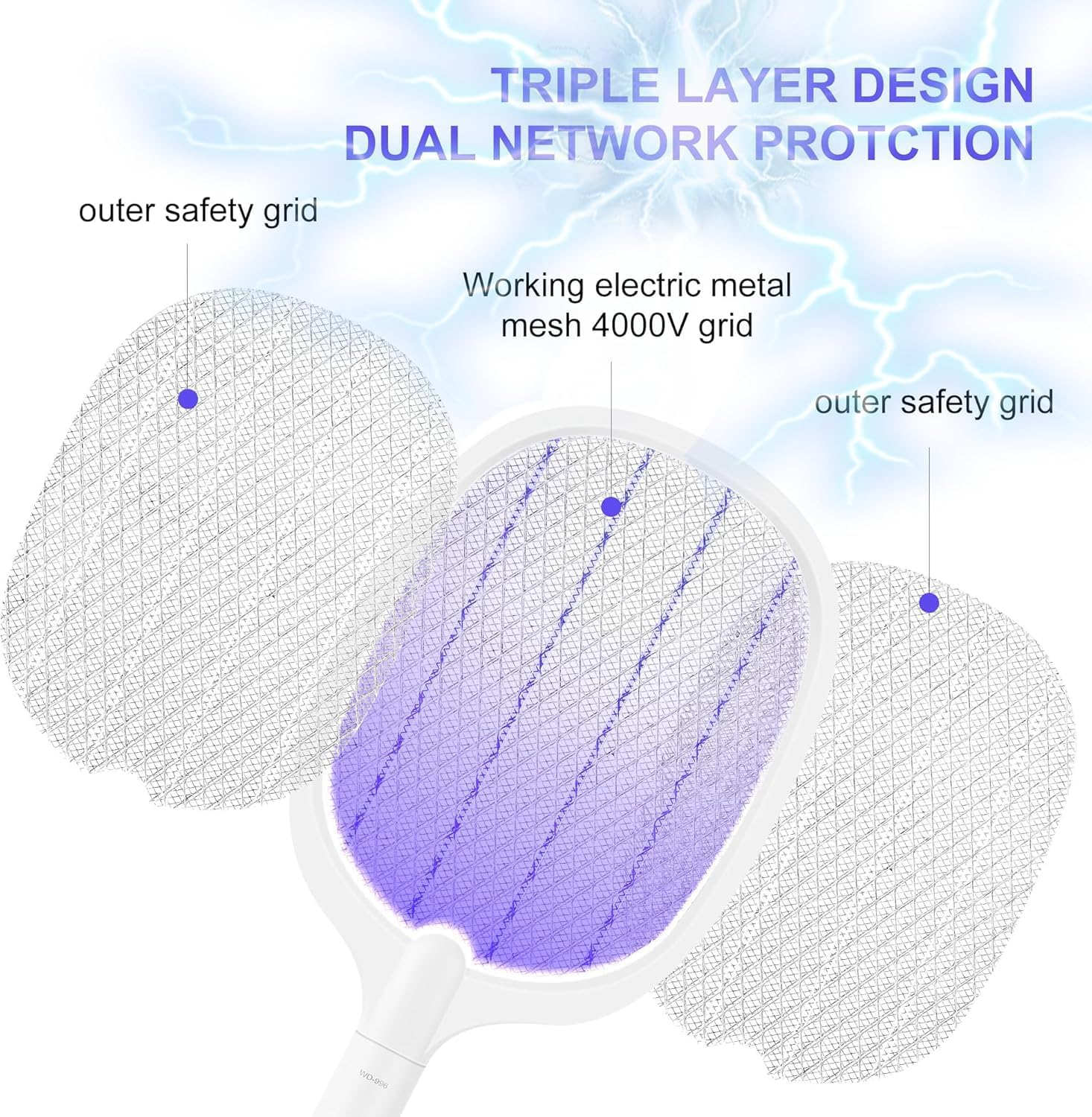 Peacafulife Electric Fly Swatter Rechargeable 4000V Bug Zapper Racket, 2-In-1 Detachable Bug Swatter Mosquito Killer with Purple Light & 3-Layer Safety Nets Portable Fly Zapper for Indoor Outdoor image number 3
