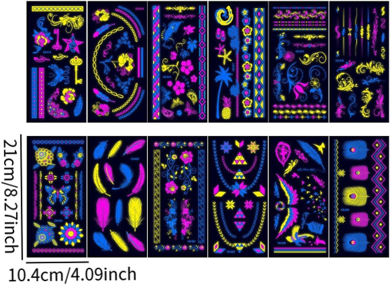 12 Pieces Glow in the Dark Tattoos, Reactive Luminous Gifts, Temporary Tattoos for Raves, Style A - Style B image number 3