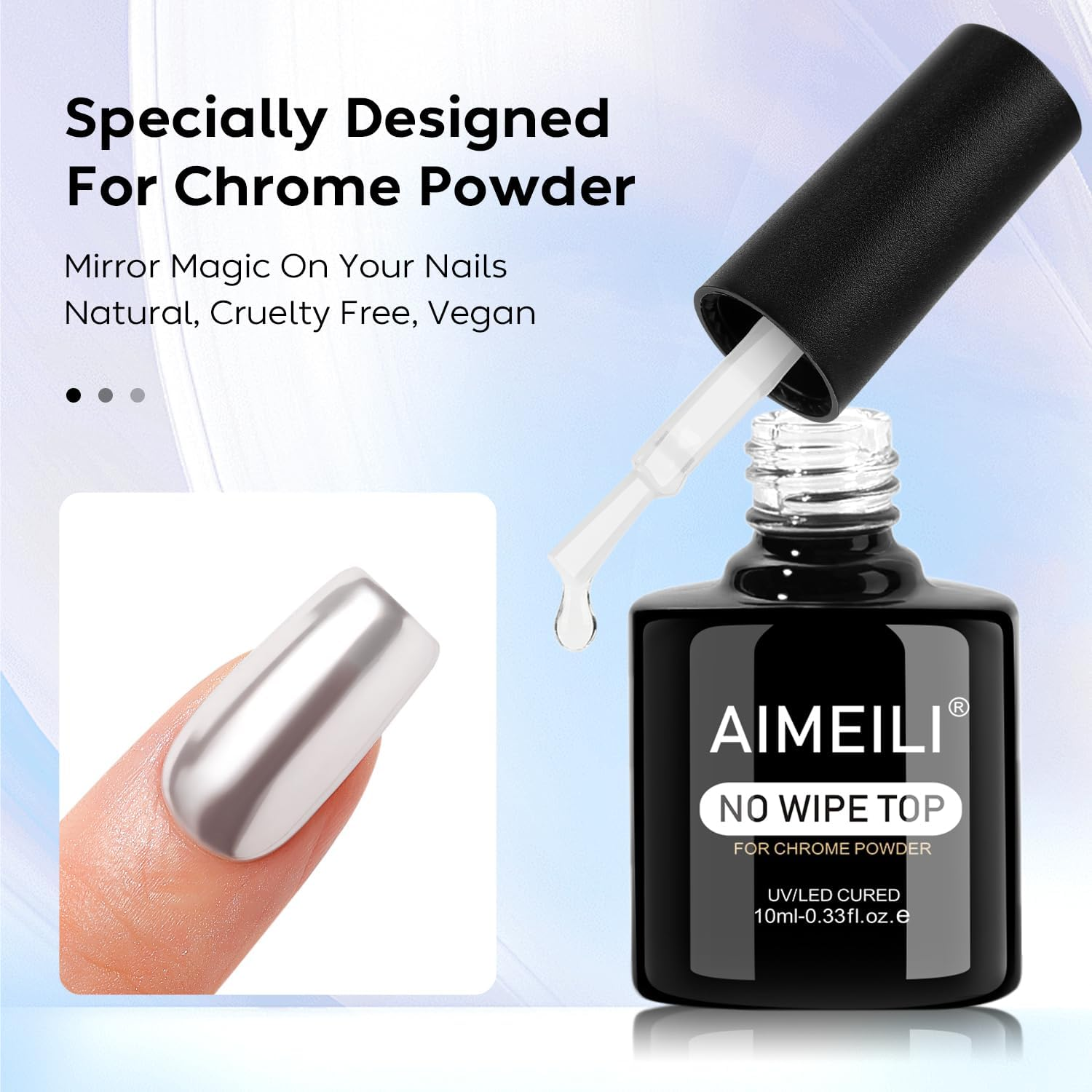 AIMEILI Gel Top Coat for Chrome Nail Powder, Hema Free, Cruelty Free, Vegan, Clear No Wipe High Gloss Top Gel Nail Polish Mirror Shine Long Lasting image number 3