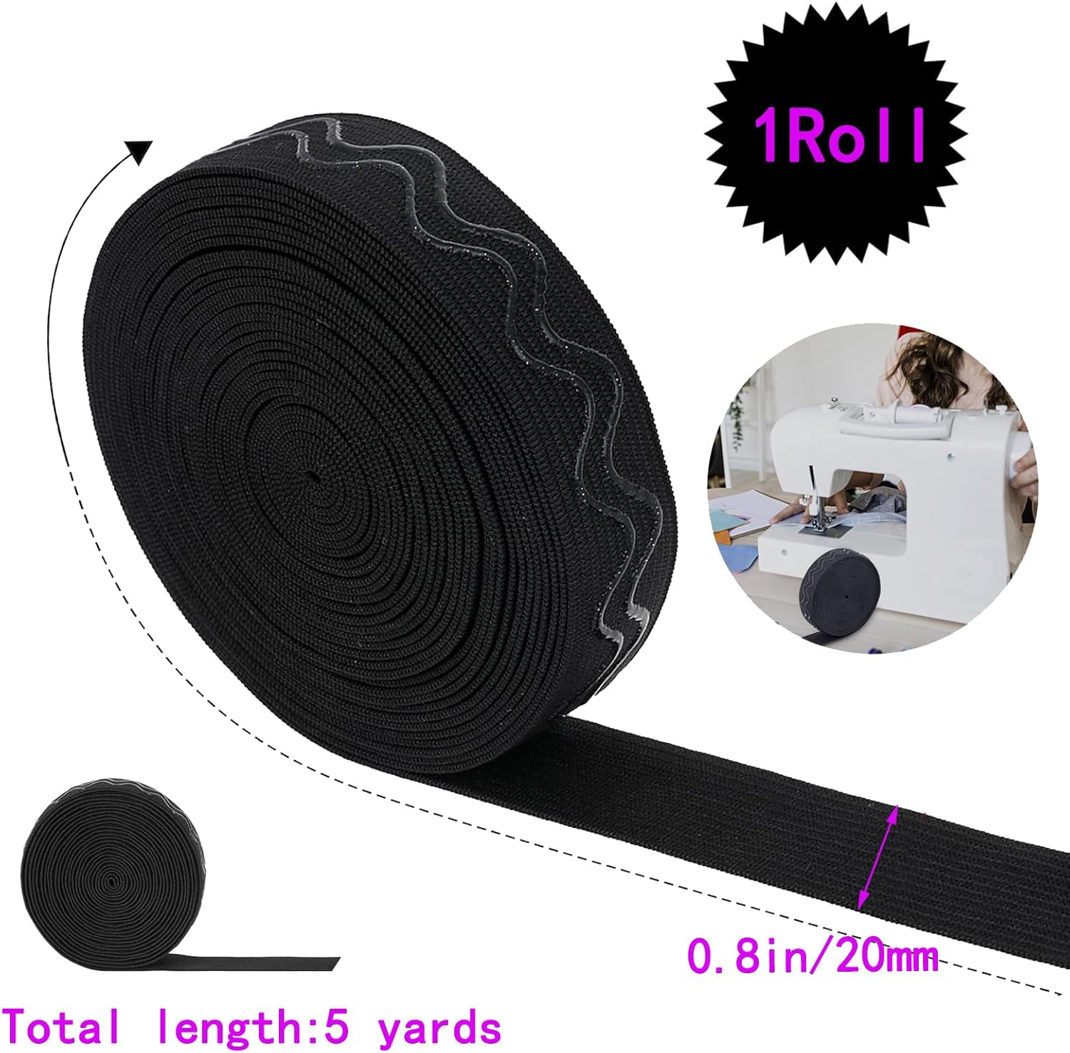 5 Yds Non-Slip 20Mm Elastic Ribbon, Wave Silicone Grip Tape, Stretchy Rubber Straps for DIY Sewing Crafts, Sports Gear, Waistbands - Durable, Flexible & Stylish Black Bands image number 3