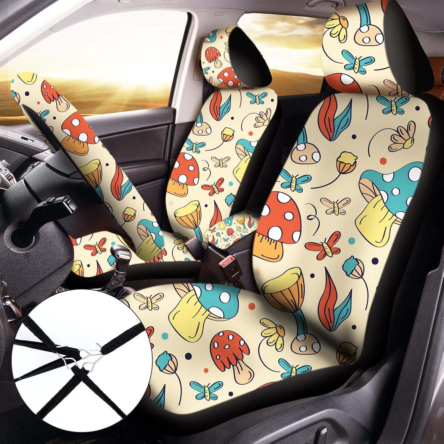 Riakrum 17 Pcs Mushroom Car Seat Covers Accessories Full Set for Women Men Automotive Rear Front Protector View Mirror Hanging Ornament Steering Wheel Belt Cover (Mushroom & Moth) (Sw-Riakrum-659738) image number 4