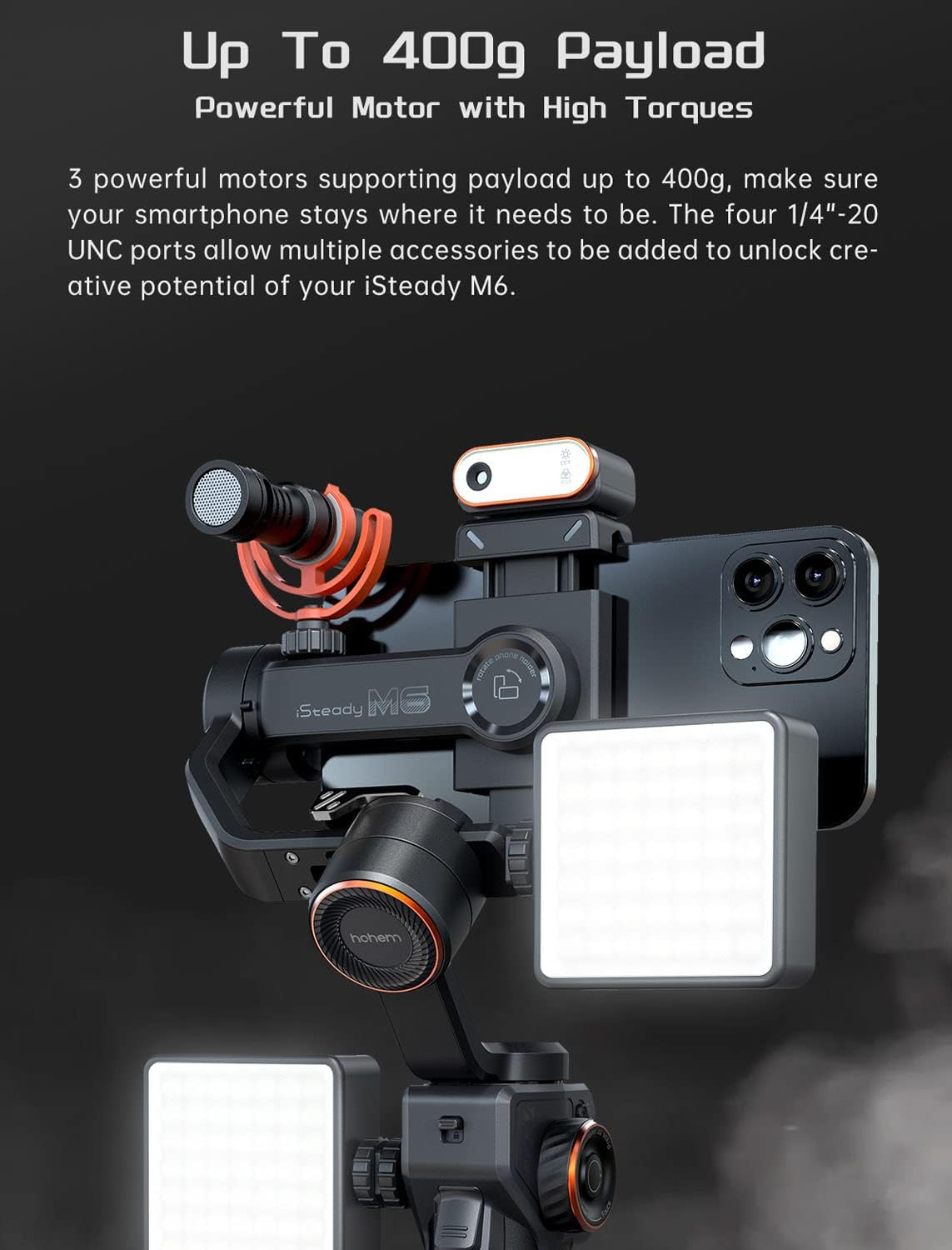 Hohem Isteady M6 Kit Gimbal Stabilizer for Smartphone 3-Axis with Magnetic Fill Light AI Vision Sensor for Iphone Android with 0.91-Inch OLED Display Max Payload 400G,Ideal for Youtube Vlog Tiktok image number 3
