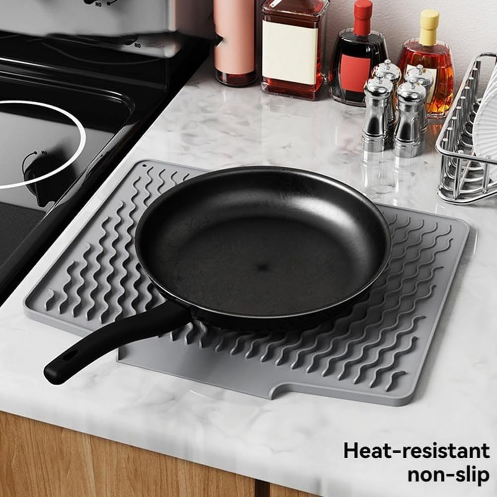 Large Silicone Dish Drying Mat with Self Draining Design and Wavy Groove Pattern Extra Thick, Non Slip Kitchen Counter Mat for Plates, Bowls, Utensils, Odorless, Easy to Clean (40*33Cm) image number 4