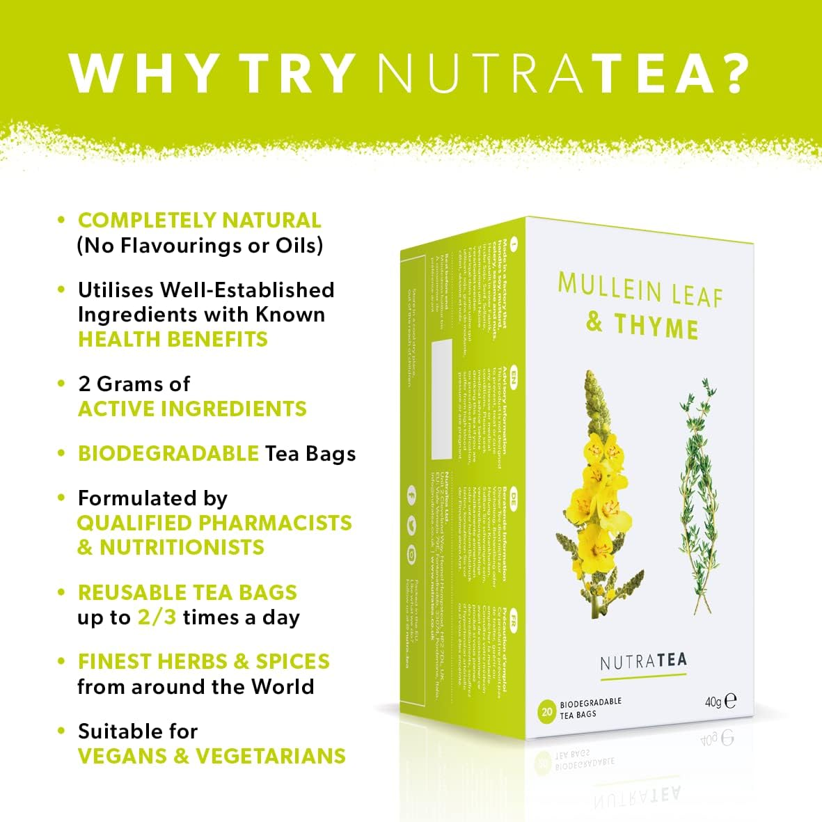 Nutratea Mullein Leaf & Thyme Tea | Mullein Leaf Tea - Soothing Blend to Support Respiratory Health. Teabags for Lungs & Throat - 20 Individaully Wrapped Bags - Herbal Tea (1 Pack) image number 3