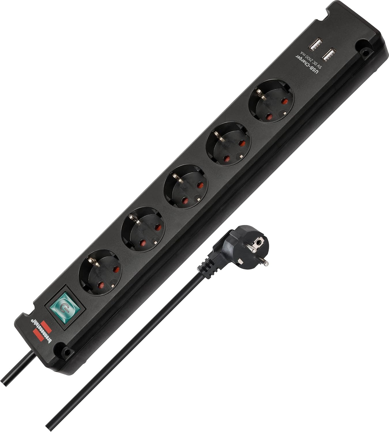 Brennenstuhl Bremounta 5-Way Power Strip with USB Charging Function (Multiple Socket with 90 Degree Sockets, Power Strip with Switch, Mounting Option and 3 M Cable) Black