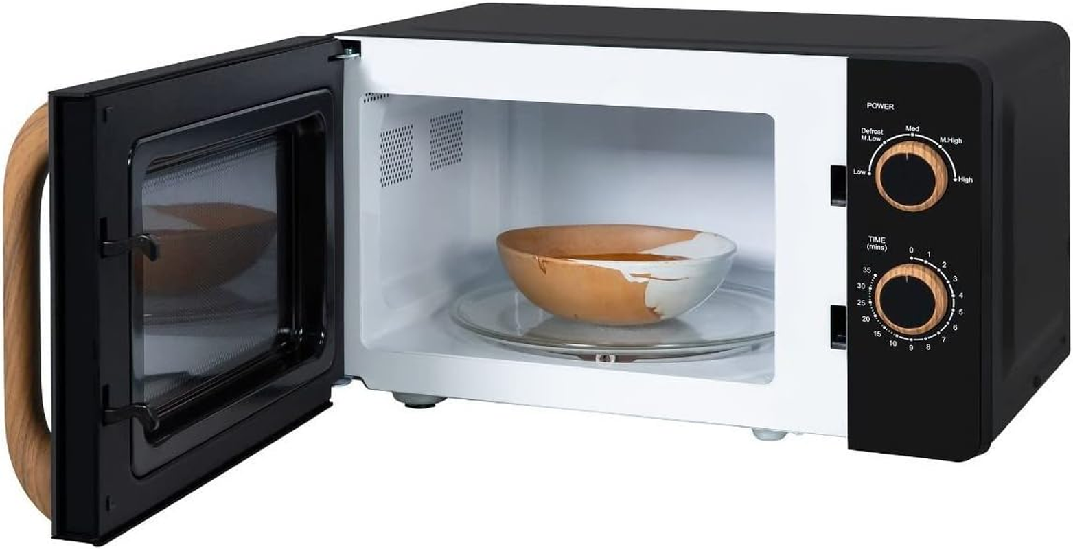 Russell Hobbs RHMM713B-N 17L 700W Scandi Compact Black Manual Microwave with 5 Power Levels, Wood Effect Handle & Dials, Timer, Defrost Setting, Easy Clean