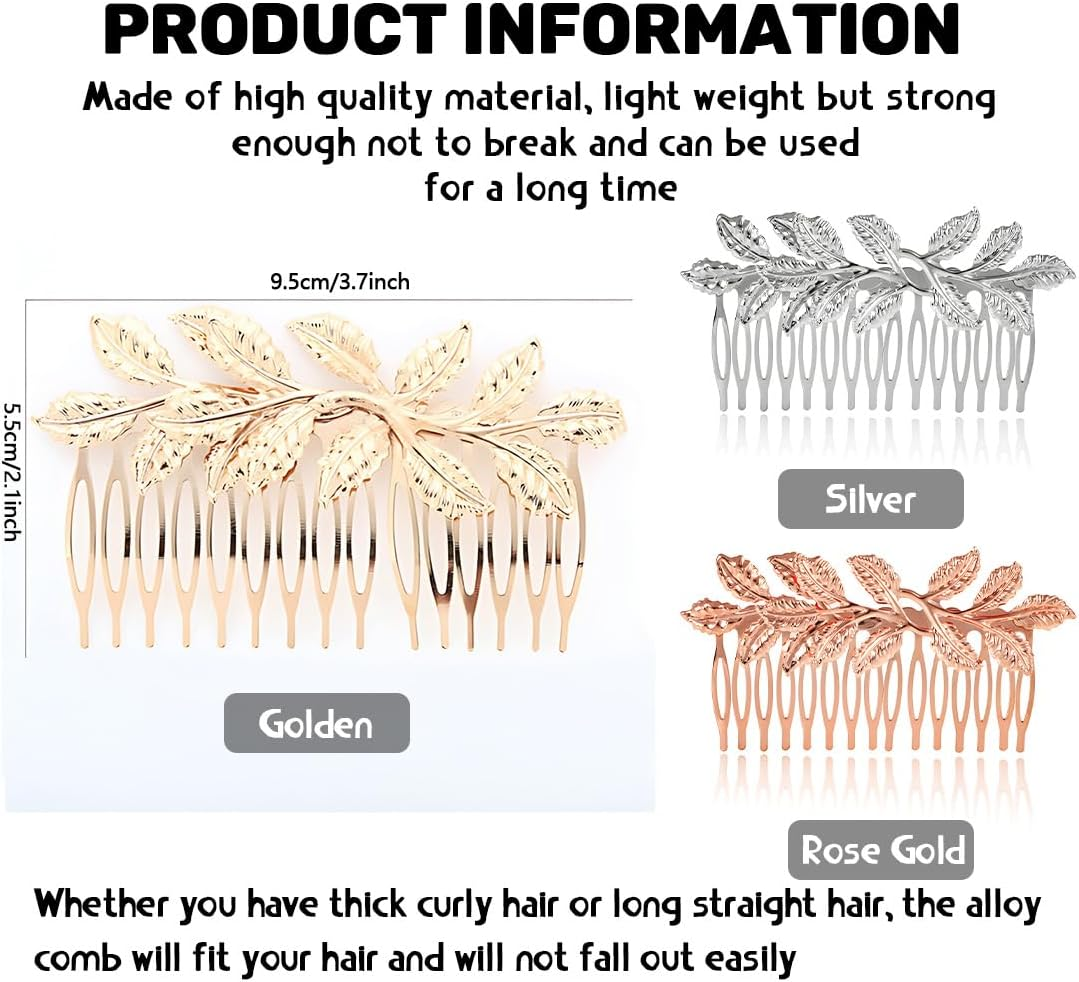 LAKJUOZ Pack of 3 Gold Hair Accessories, Golden Hair Combs, Elegant Smooth Alloy Leaf Hair Accessories for Women, Beautiful and Charming, Easy to Use, Ideal for Individual Hair Styling Design image number 2