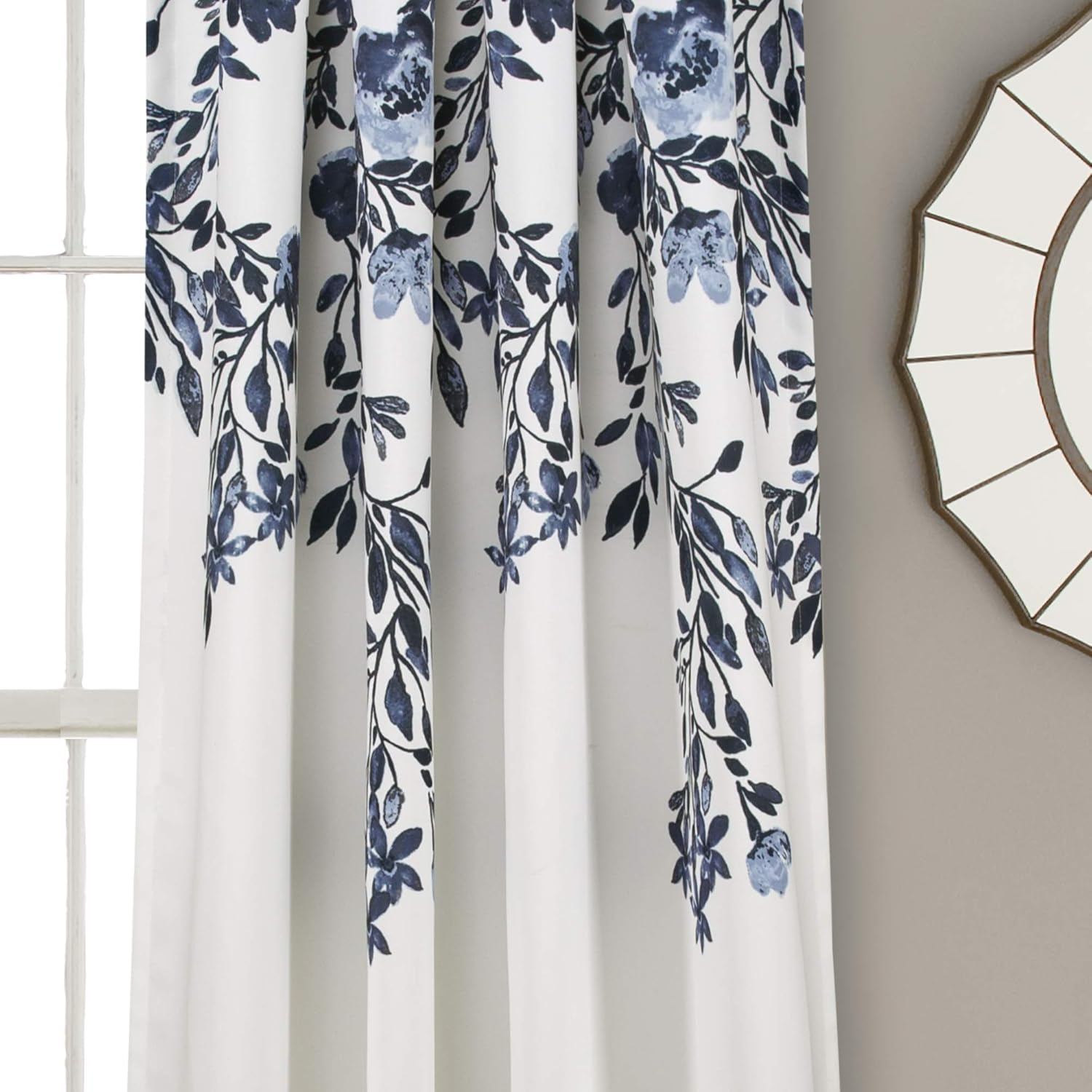 Lush Decor Tanisha Curtains - Light Filtering Window Panel Set, Pair - Floral Vine Print, Beautiful, Modern, Elegant Home Decor - 52" W X 95" L, Navy & White image number 2