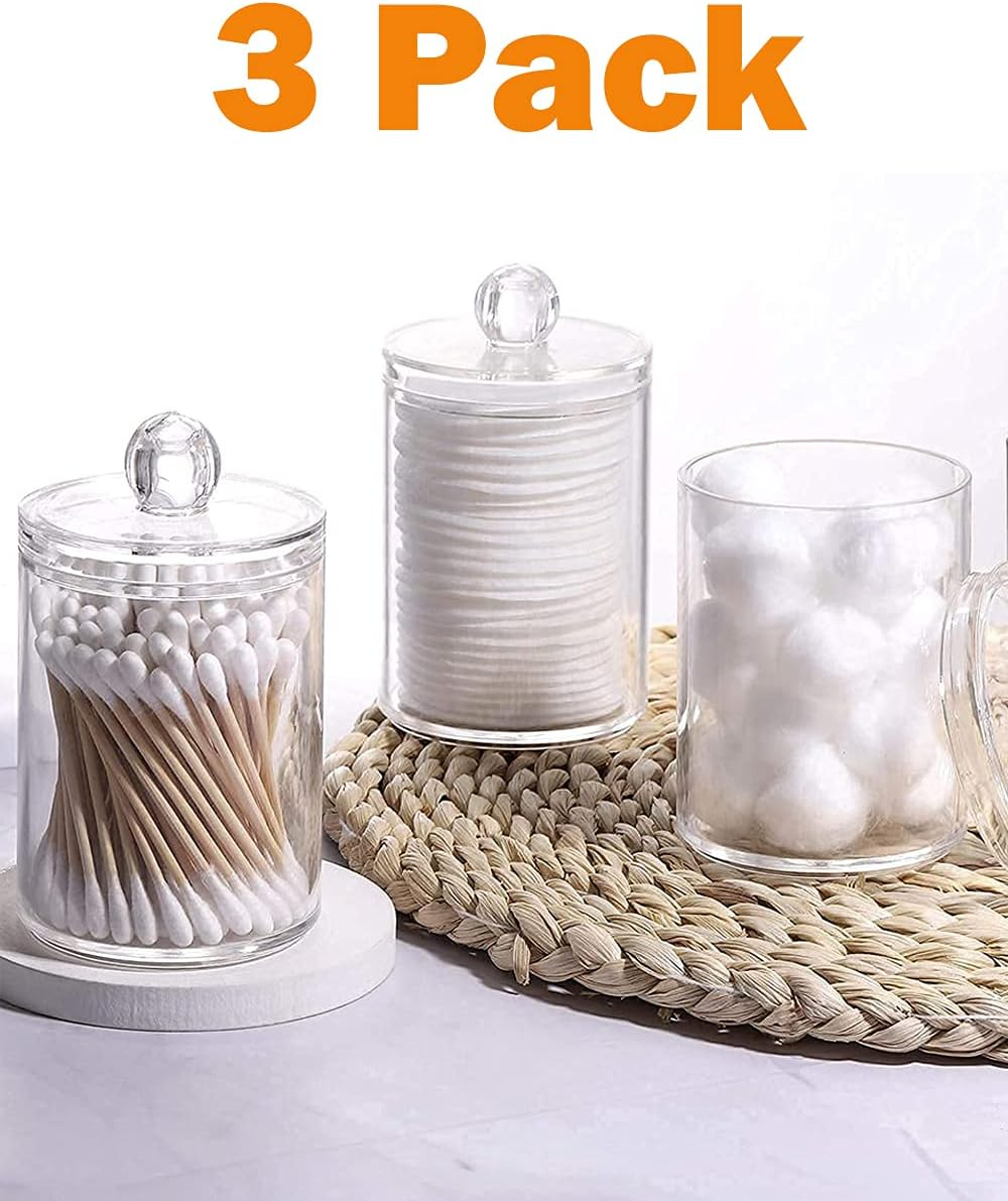 3 Pack Qtip Dispenser Holder Jars, Bathroom Vanity round Storage Organizer Canister, Clear Acrylic Container Box for Cotton Balls Rounds Makeup Sponges Bath Salts Tooth Floss Picks (Style 1, Clear) image number 3