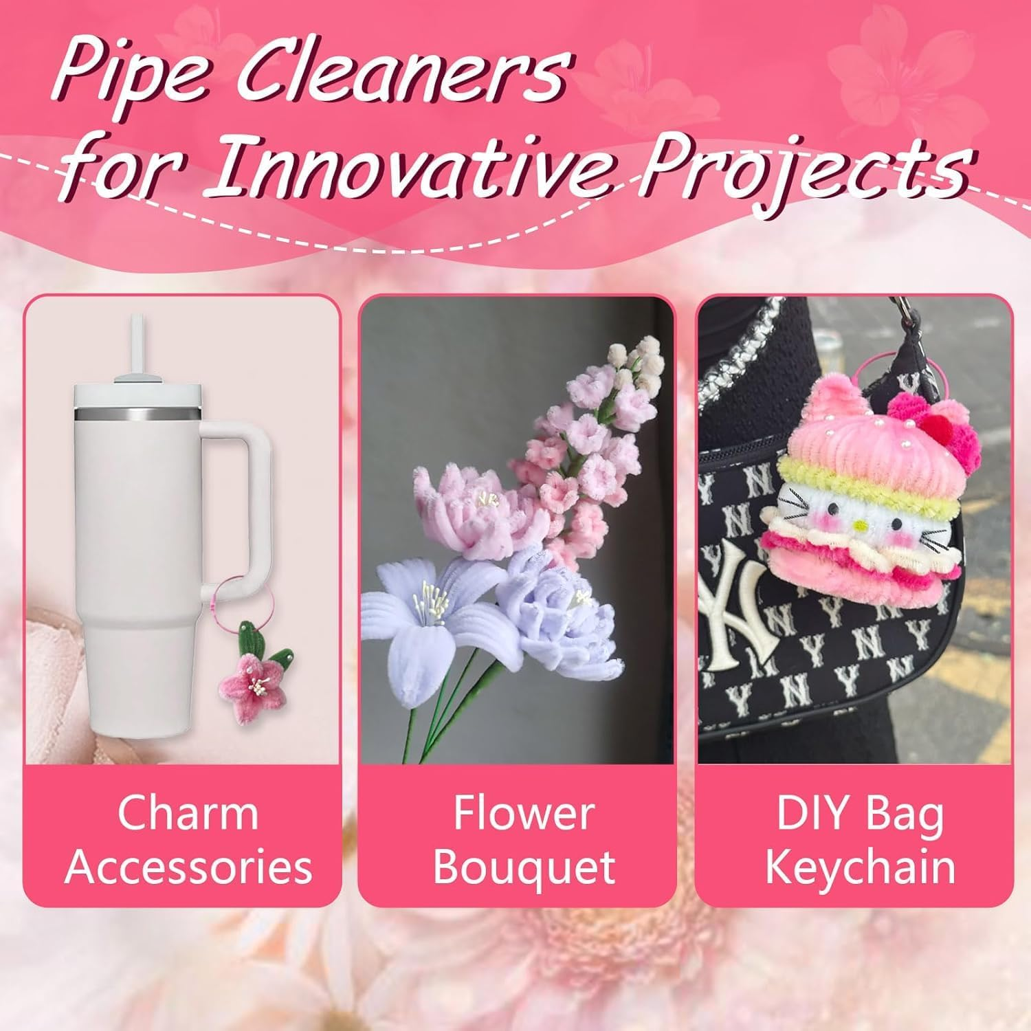 BEANPRECOY 620 Pieces Pipe Cleaners Craft Set 600 Pcs Pastel Chenille Stems with 20 Pcs Flower Stems Craft Supplies Bulk for DIY Art and Craft Projects Creative Wrapping Party Decorations(Pink Series) image number 6