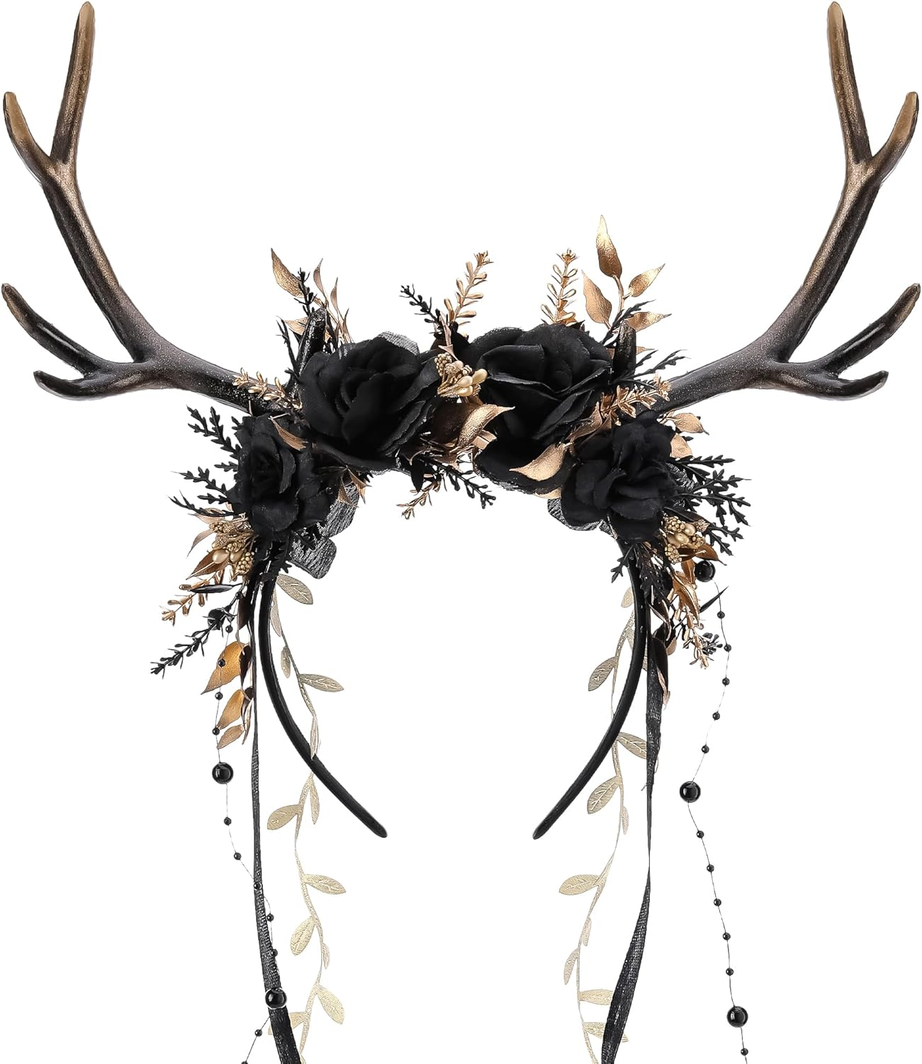 MOSTORY Flower Reindeer Headband for Women - Floral Antler Headpiece Woodland Deer Horns Hairband for Renaissance Cosplay