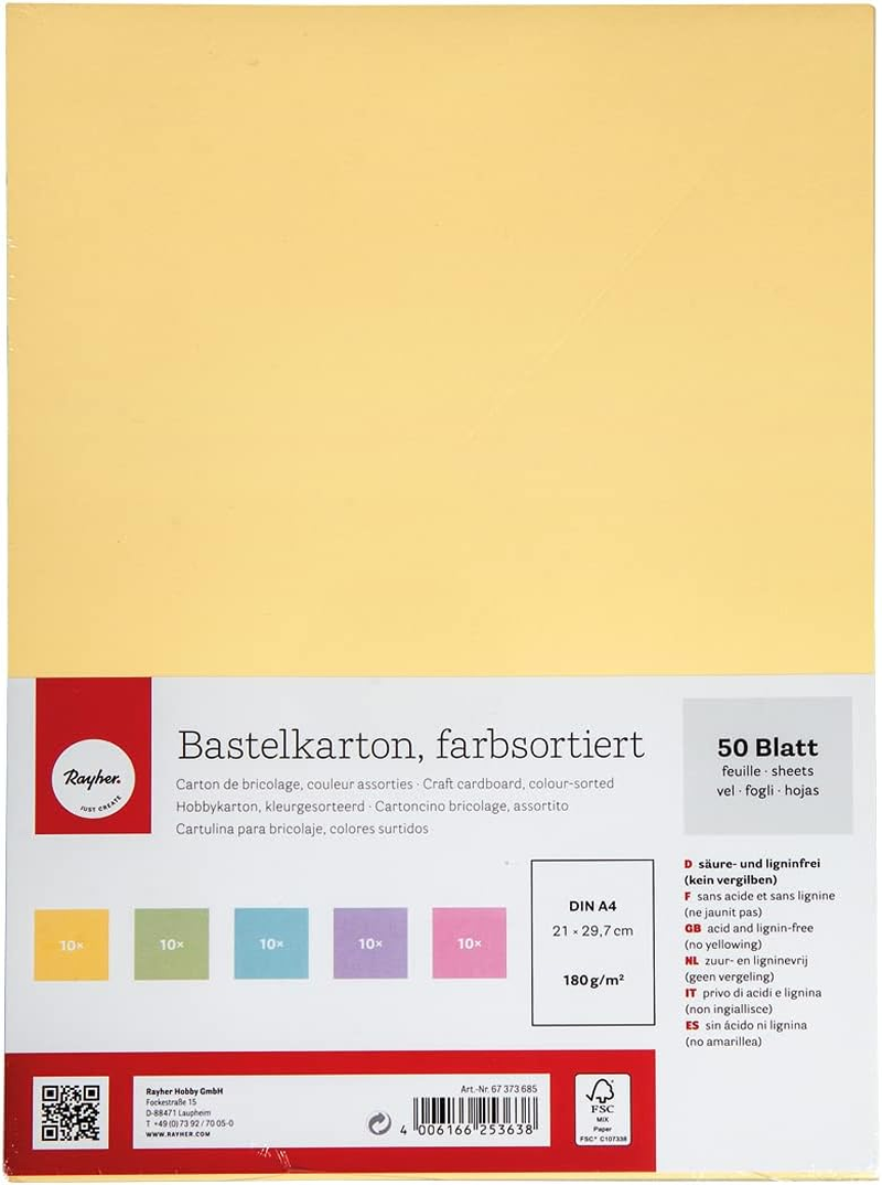 Rayher Craft Cardboard, Colour-Sor.Fsc Mix Cred, Pastel, 5 Colours, DIN A4, 180G%M2 50Sheets, 67373685 image number 6